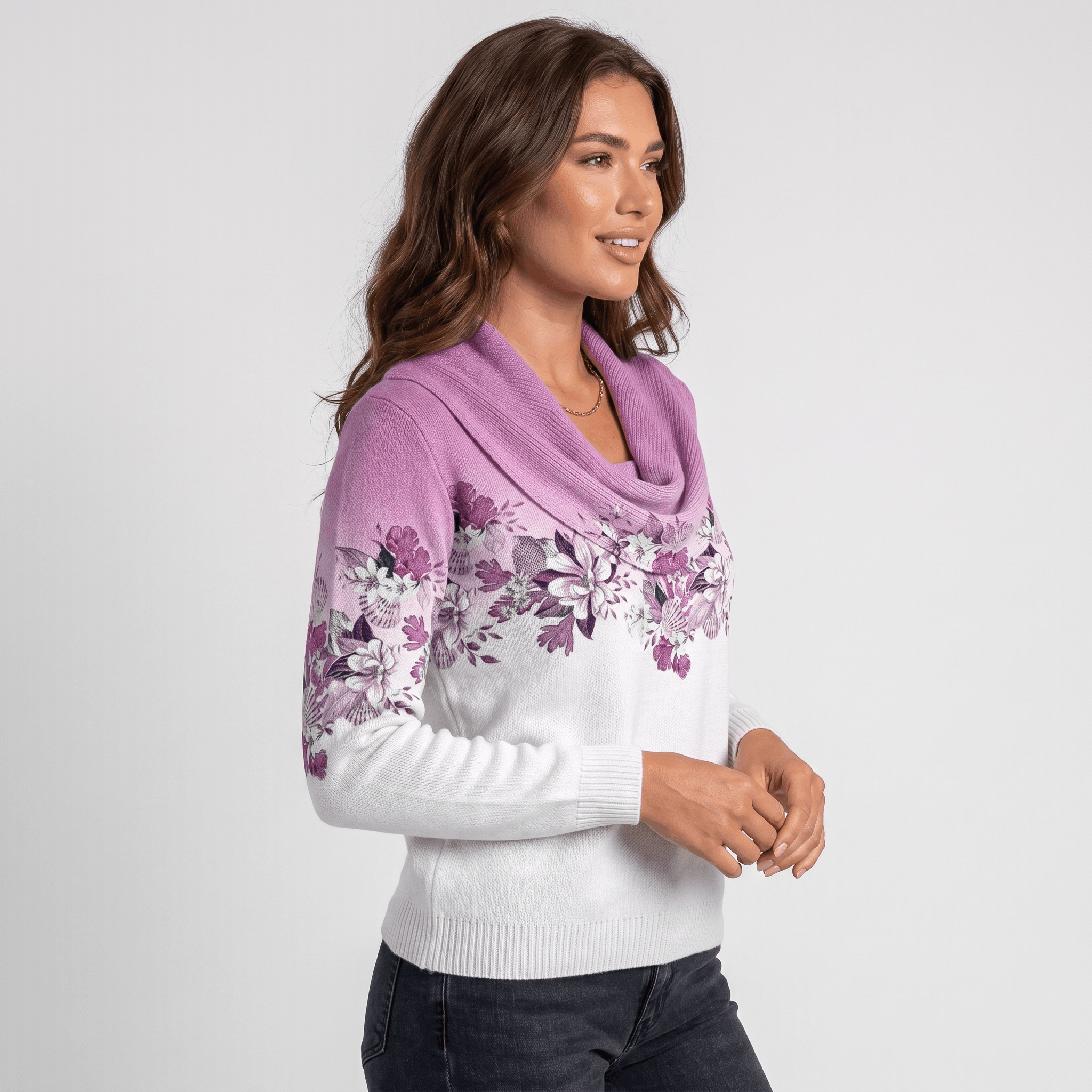 Rosalie Floral Knit Sweater – Draped Cowl Neck Pullover