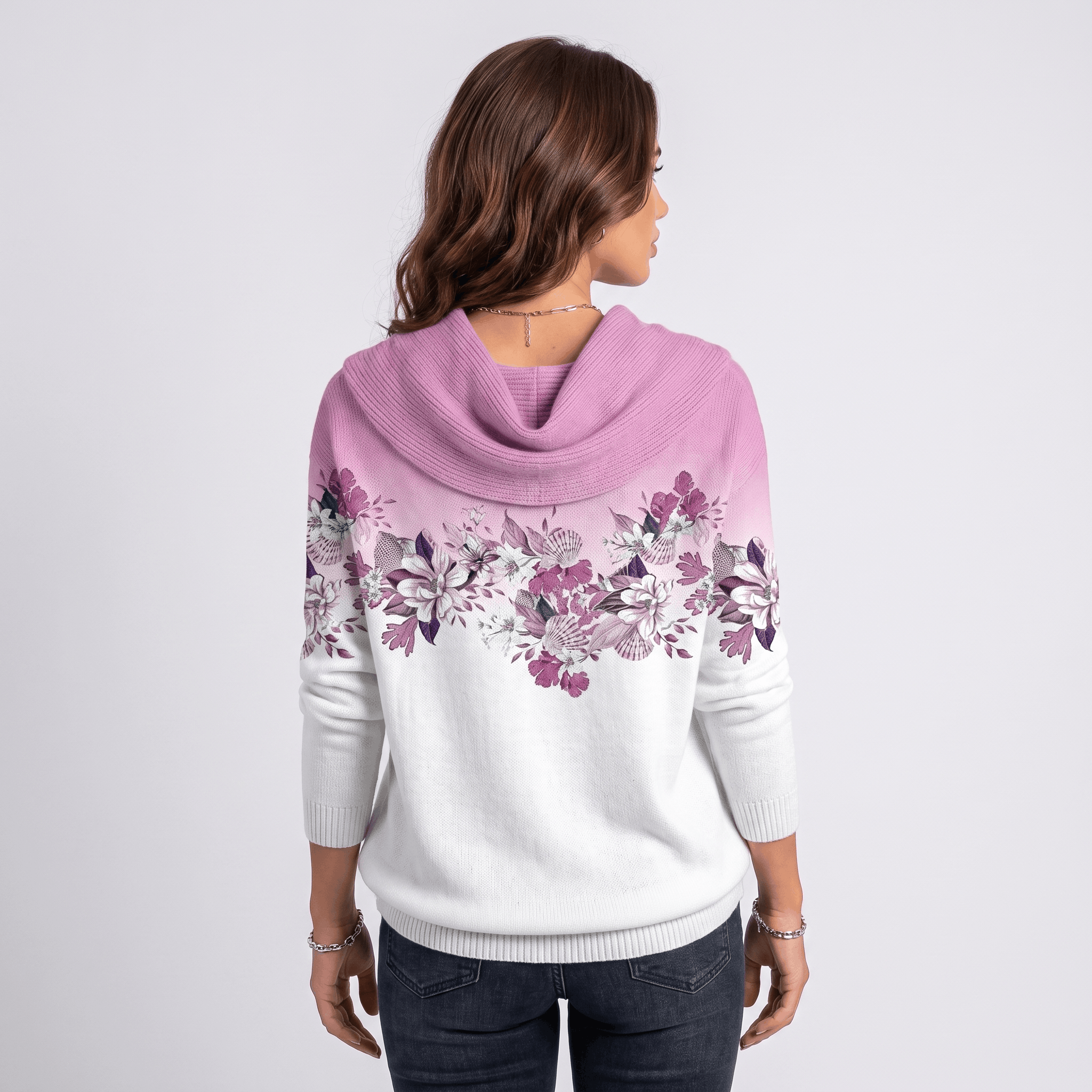 Rosalie Floral Knit Sweater – Draped Cowl Neck Pullover