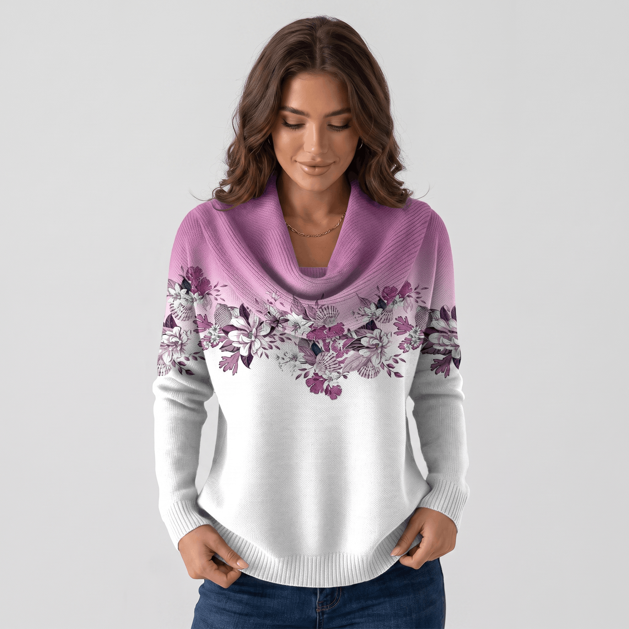 Rosalie Floral Knit Sweater – Draped Cowl Neck Pullover