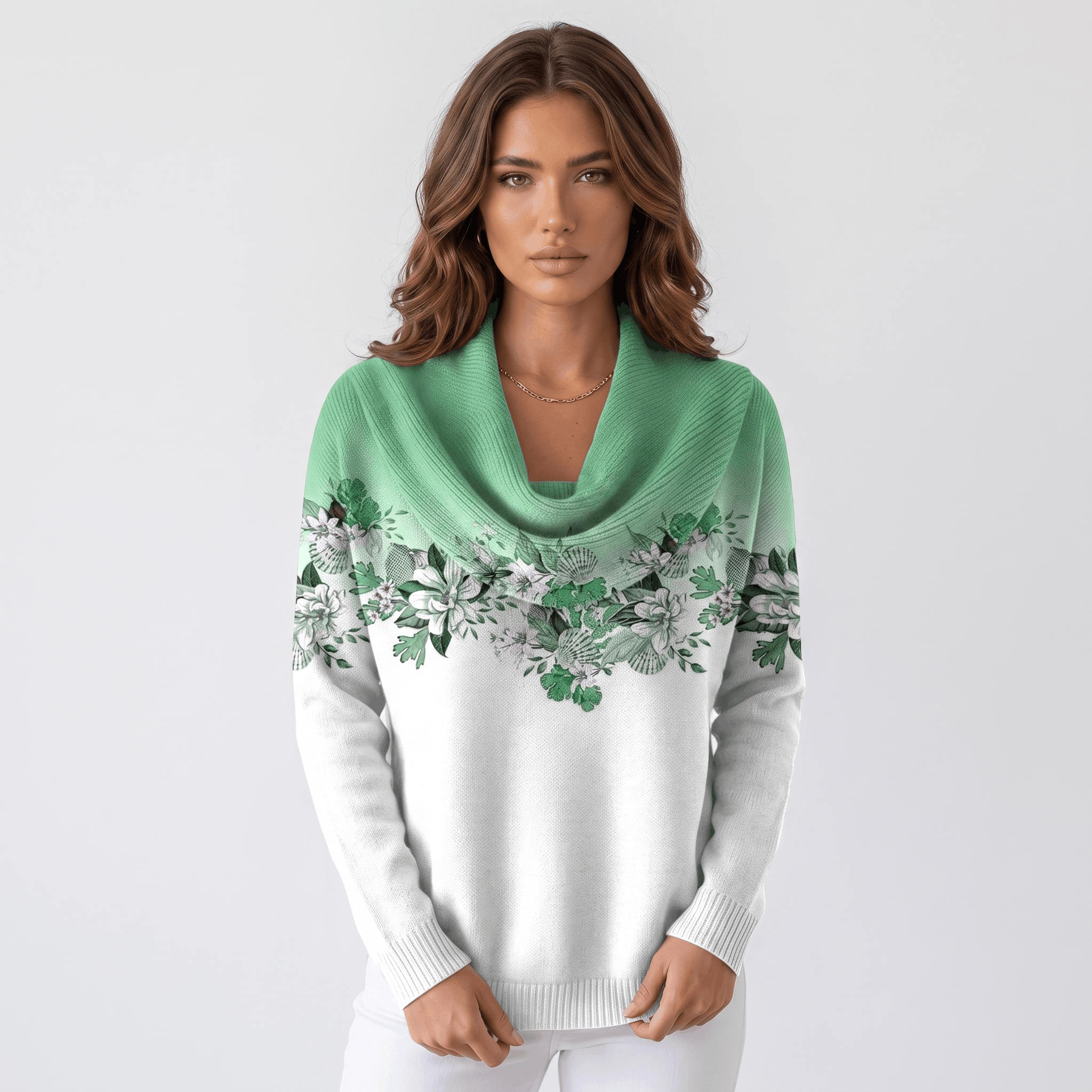 Rosalie Floral Knit Sweater – Draped Cowl Neck Pullover