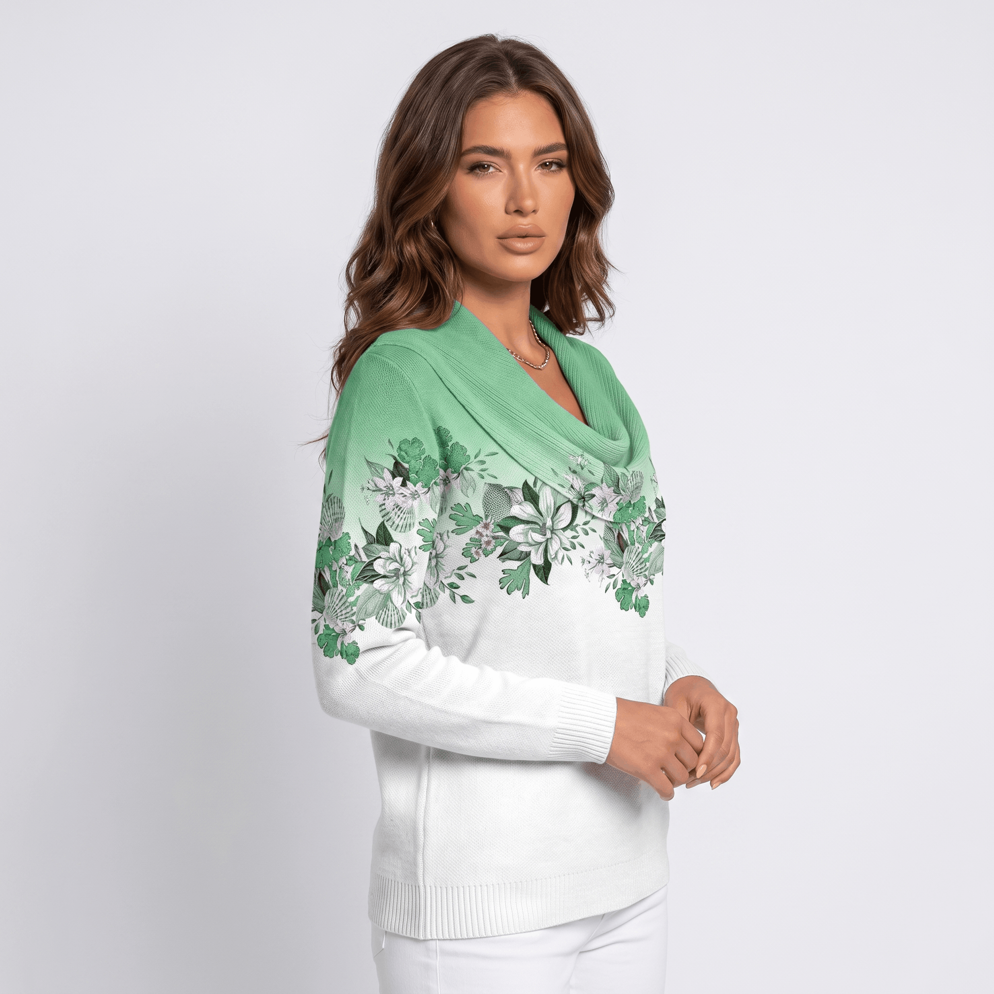 Rosalie Floral Knit Sweater – Draped Cowl Neck Pullover