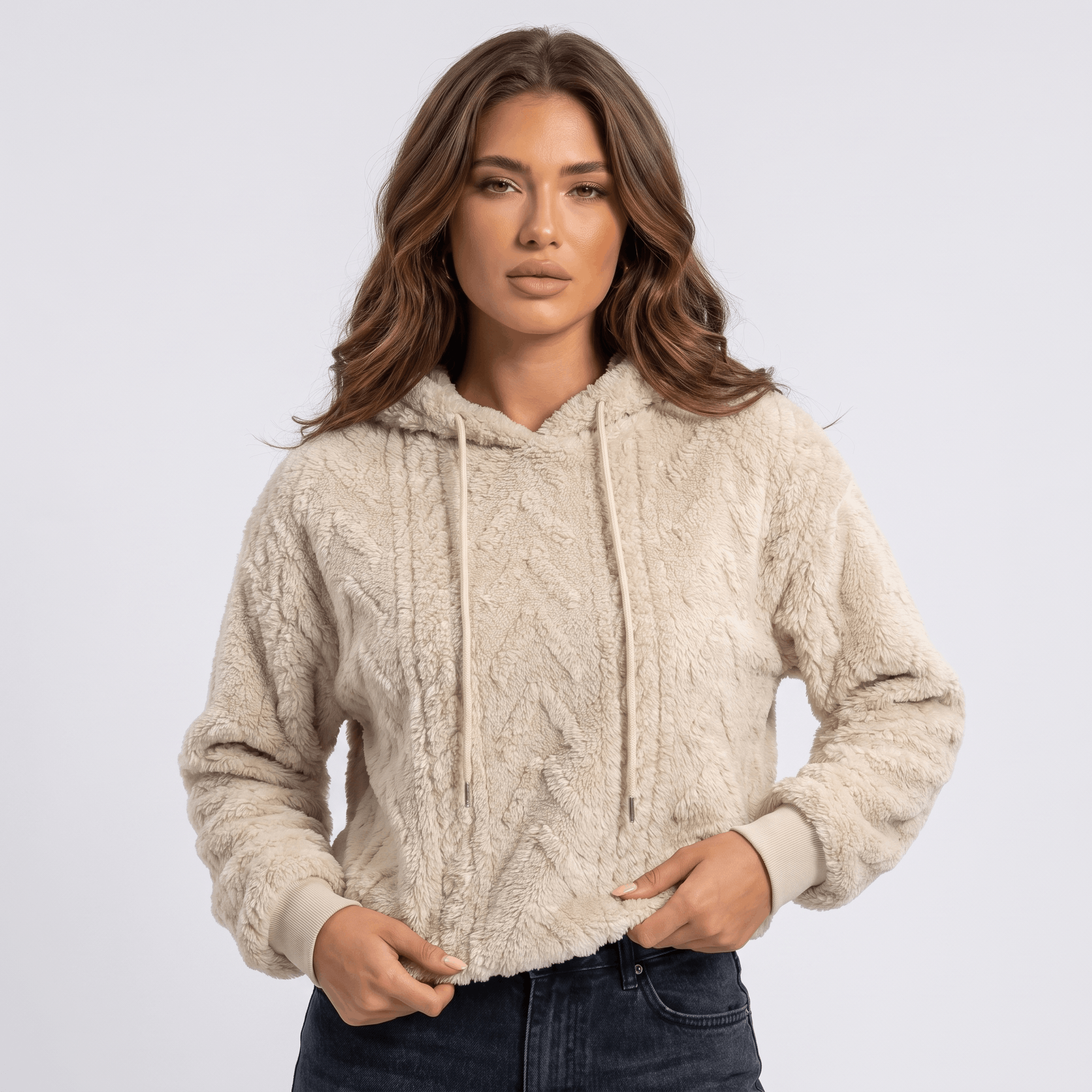 Aubrey Plush Fleece Hoodie Sweater – Oversized Cable Texture Pullover