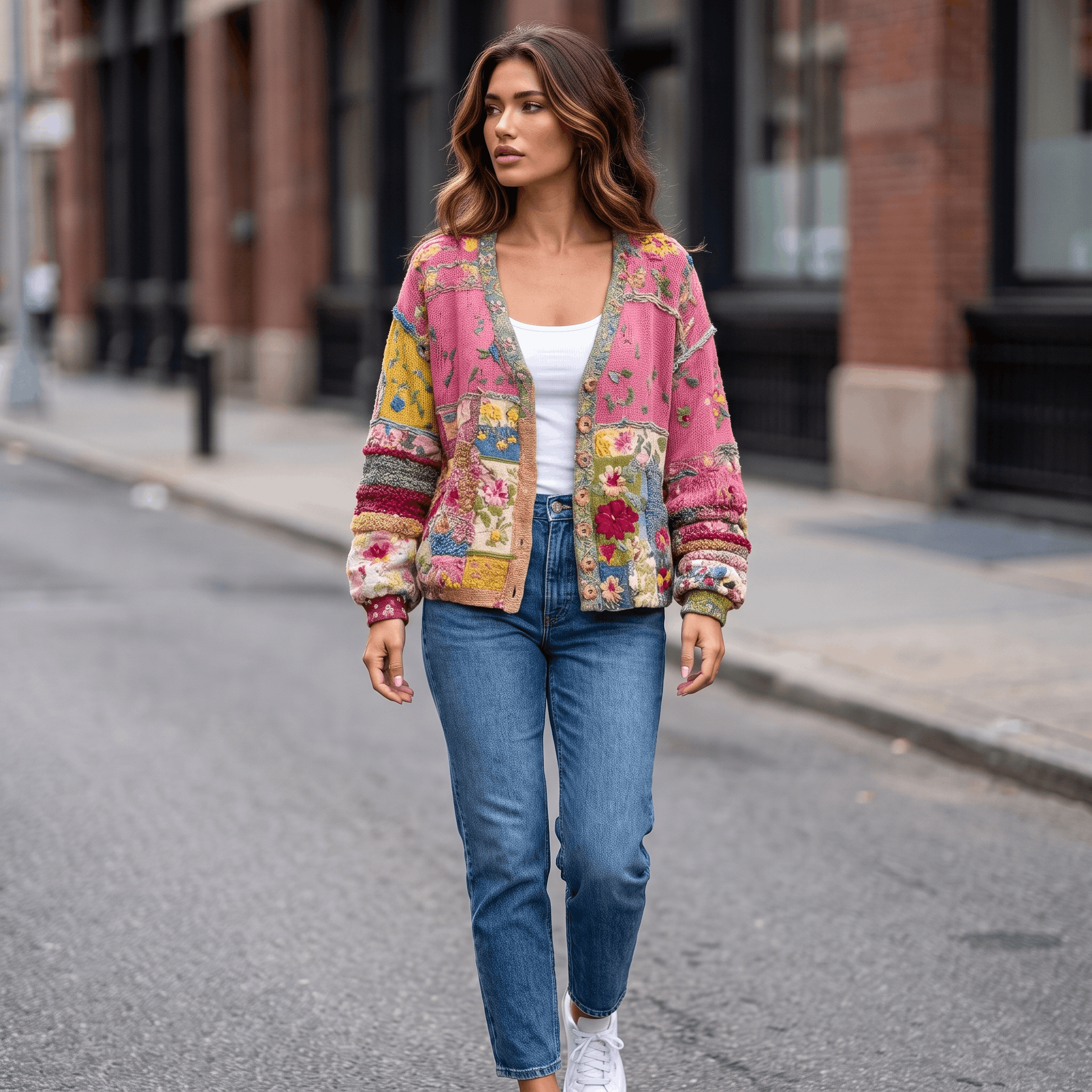 Rosalie Boho Patchwork Cardigan – Floral Knit Statement Layer
