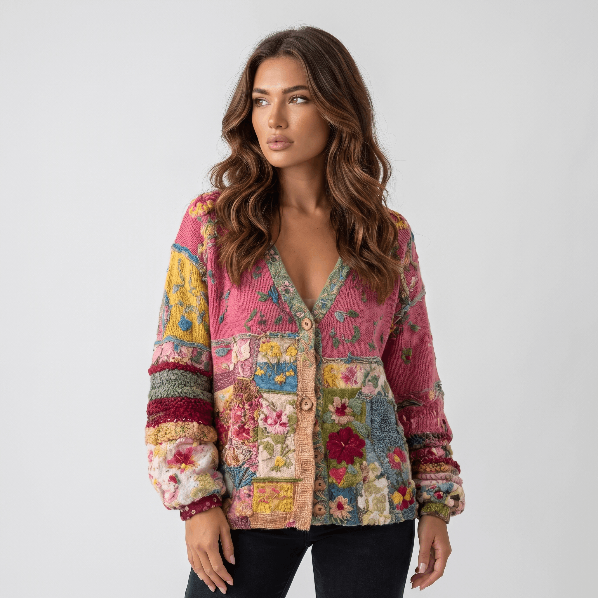 Rosalie Boho Patchwork Cardigan – Floral Knit Statement Layer