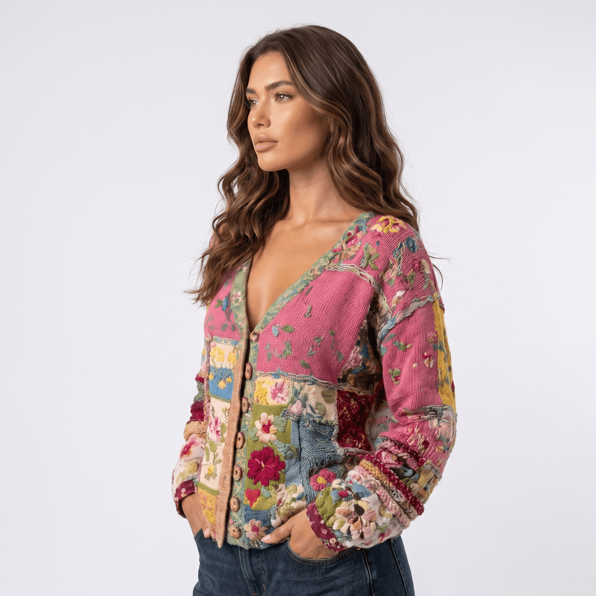 Rosalie Boho Patchwork Cardigan – Floral Knit Statement Layer