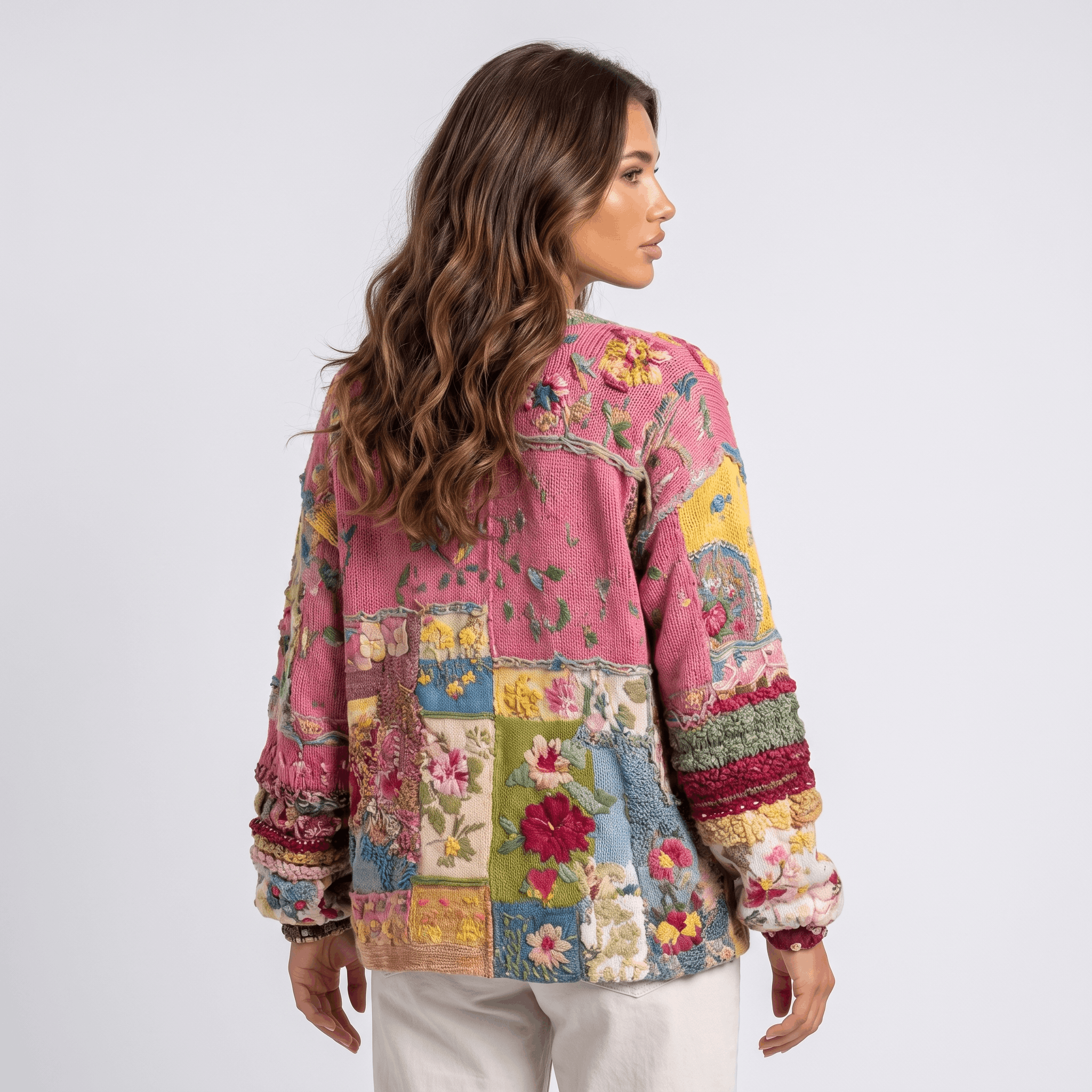Rosalie Boho Patchwork Cardigan – Floral Knit Statement Layer