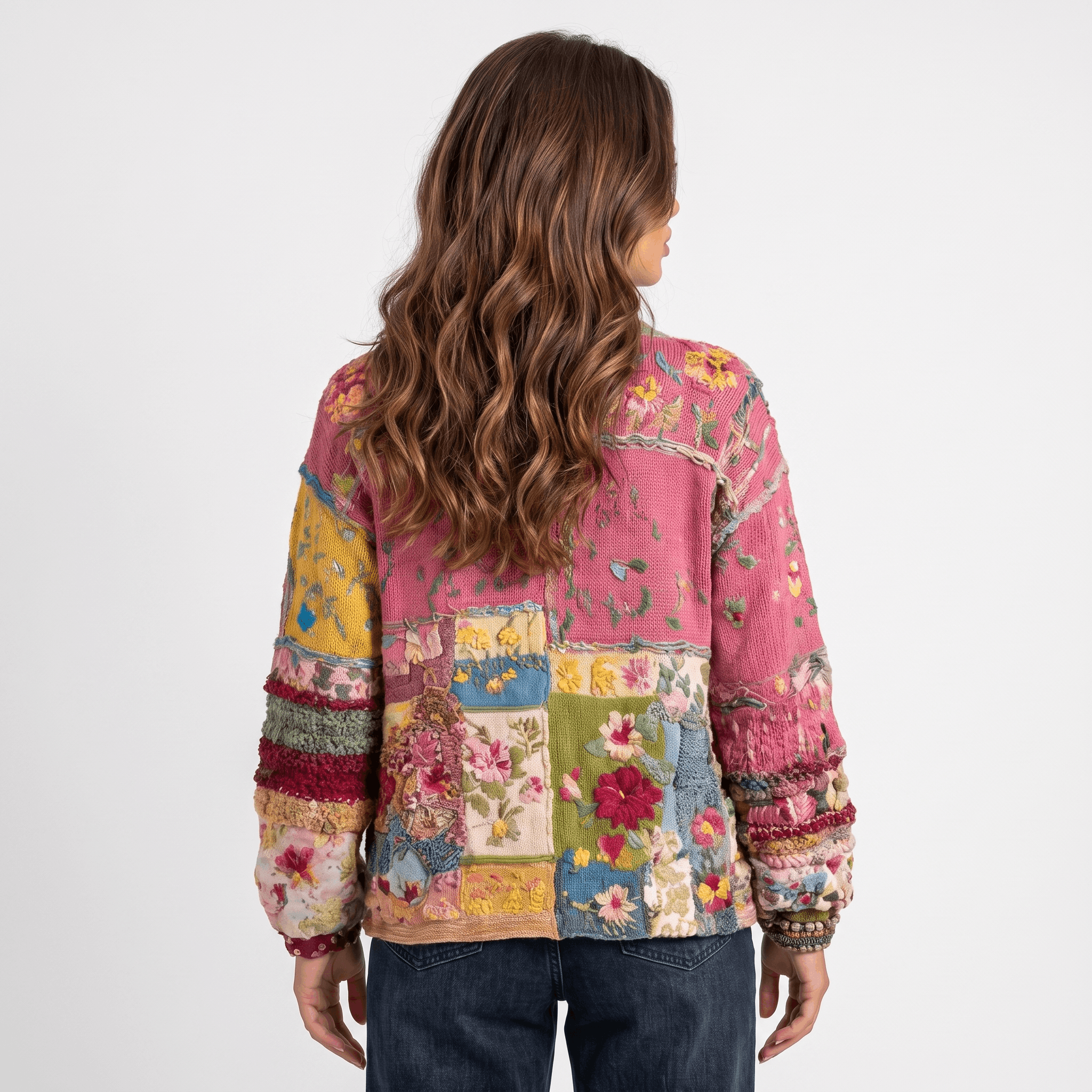 Rosalie Boho Patchwork Cardigan – Floral Knit Statement Layer