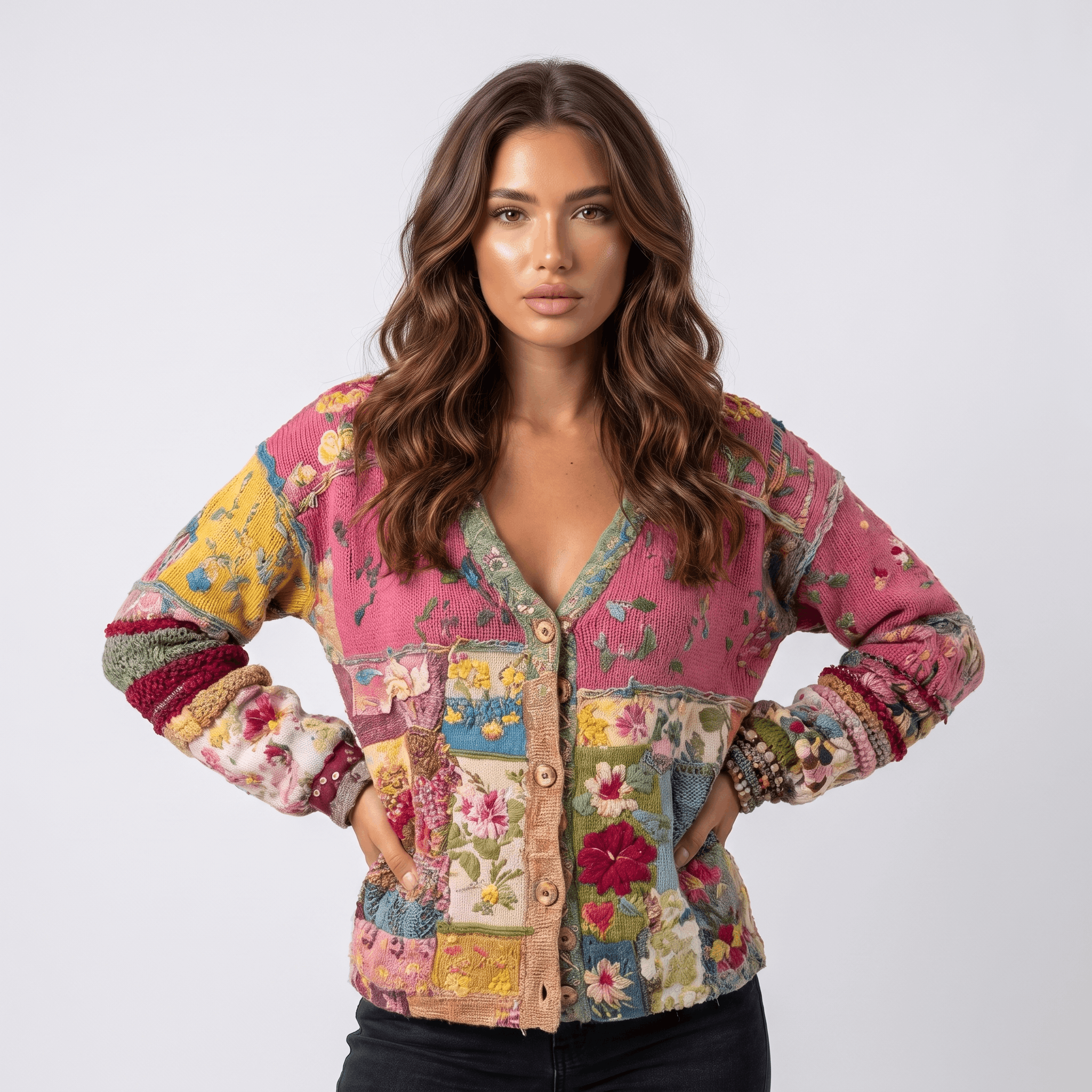 Rosalie Boho Patchwork Cardigan – Floral Knit Statement Layer