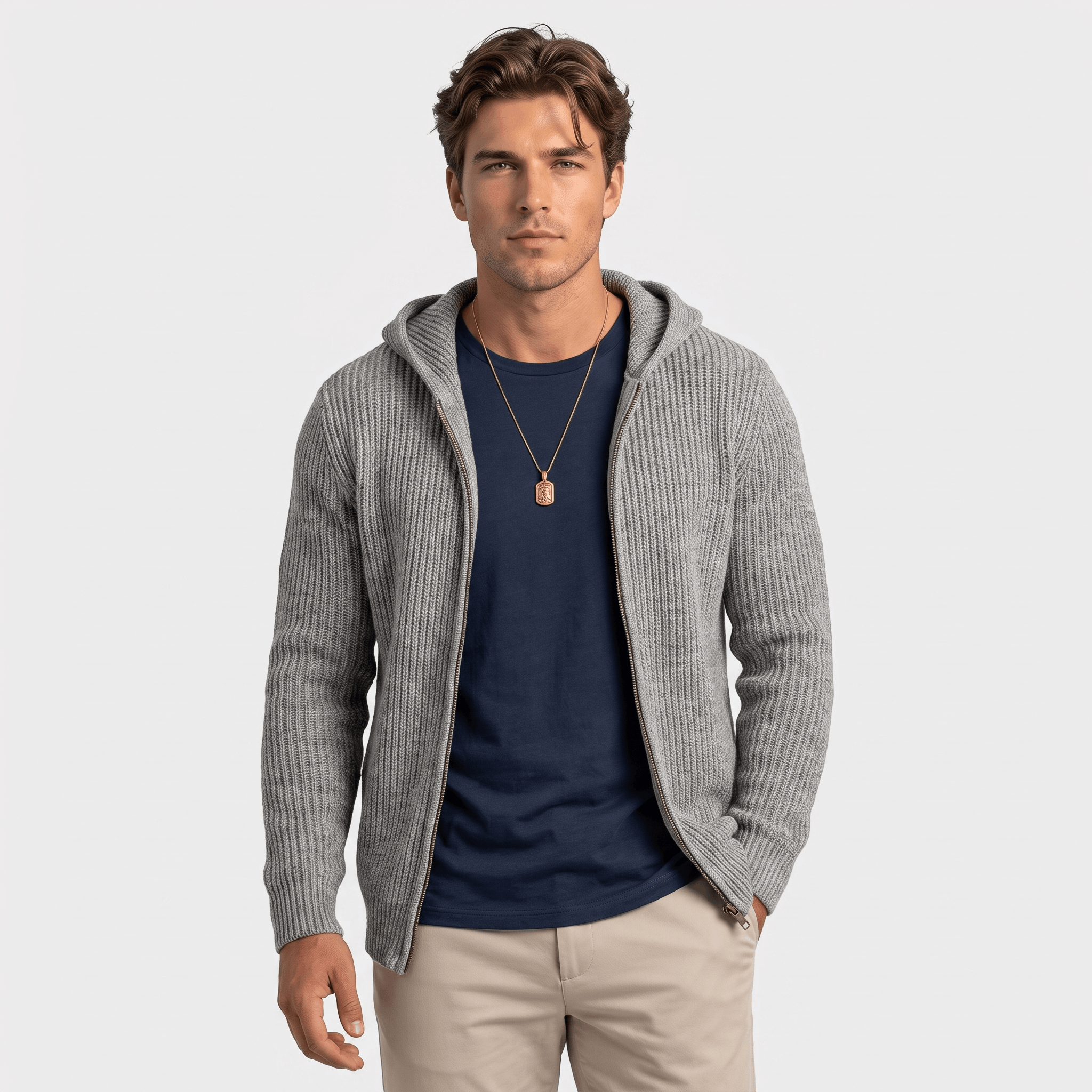 Maddox Hooded Knit Cardigan – Full Zip Ribbed Sweater