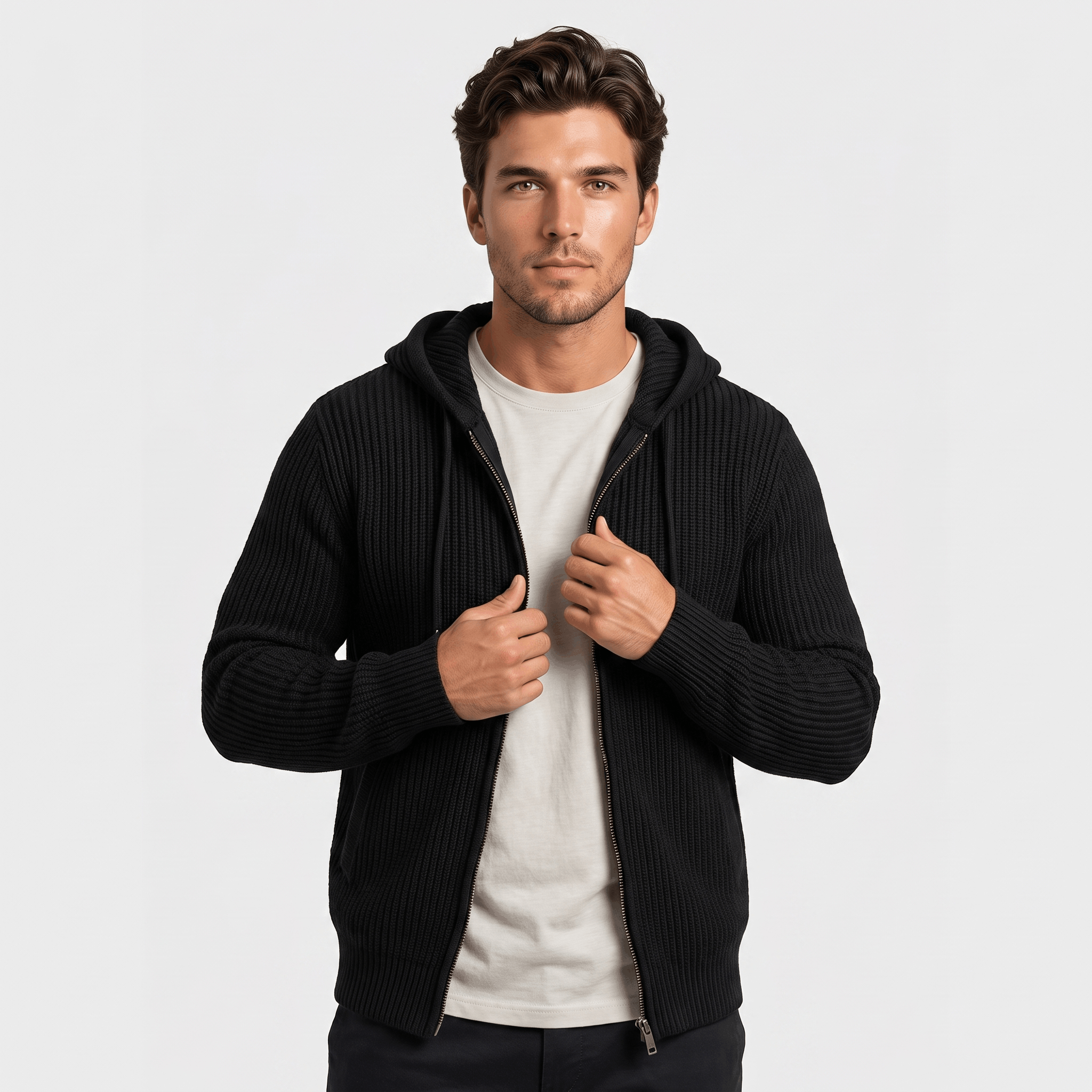 Maddox Hooded Knit Cardigan – Full Zip Ribbed Sweater