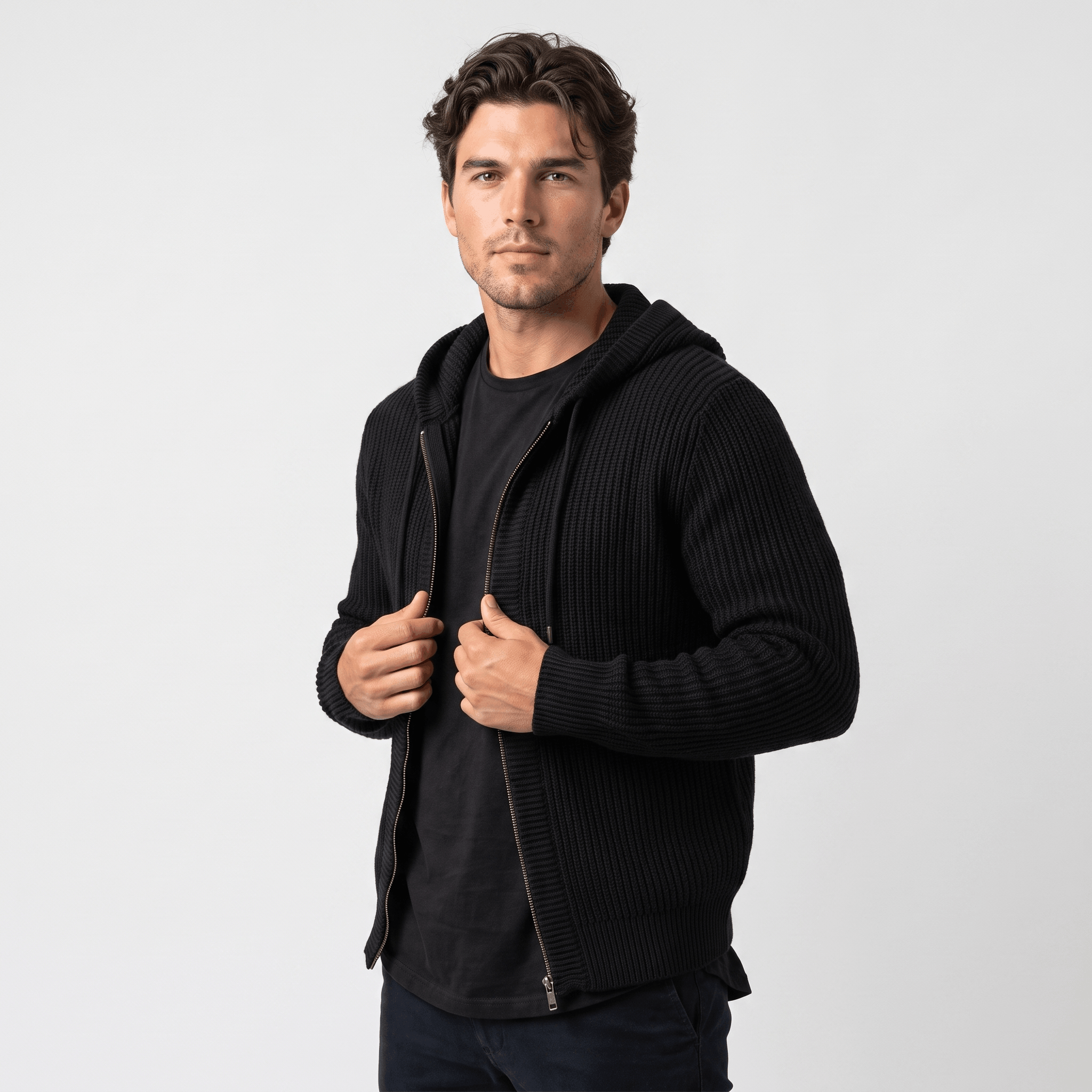 Maddox Hooded Knit Cardigan – Full Zip Ribbed Sweater