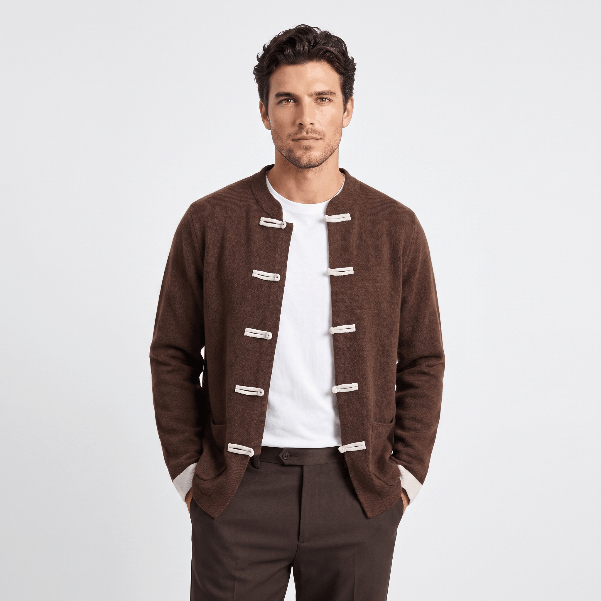 Soren Mandarin Knit Cardigan – Traditional Toggle Front Layer