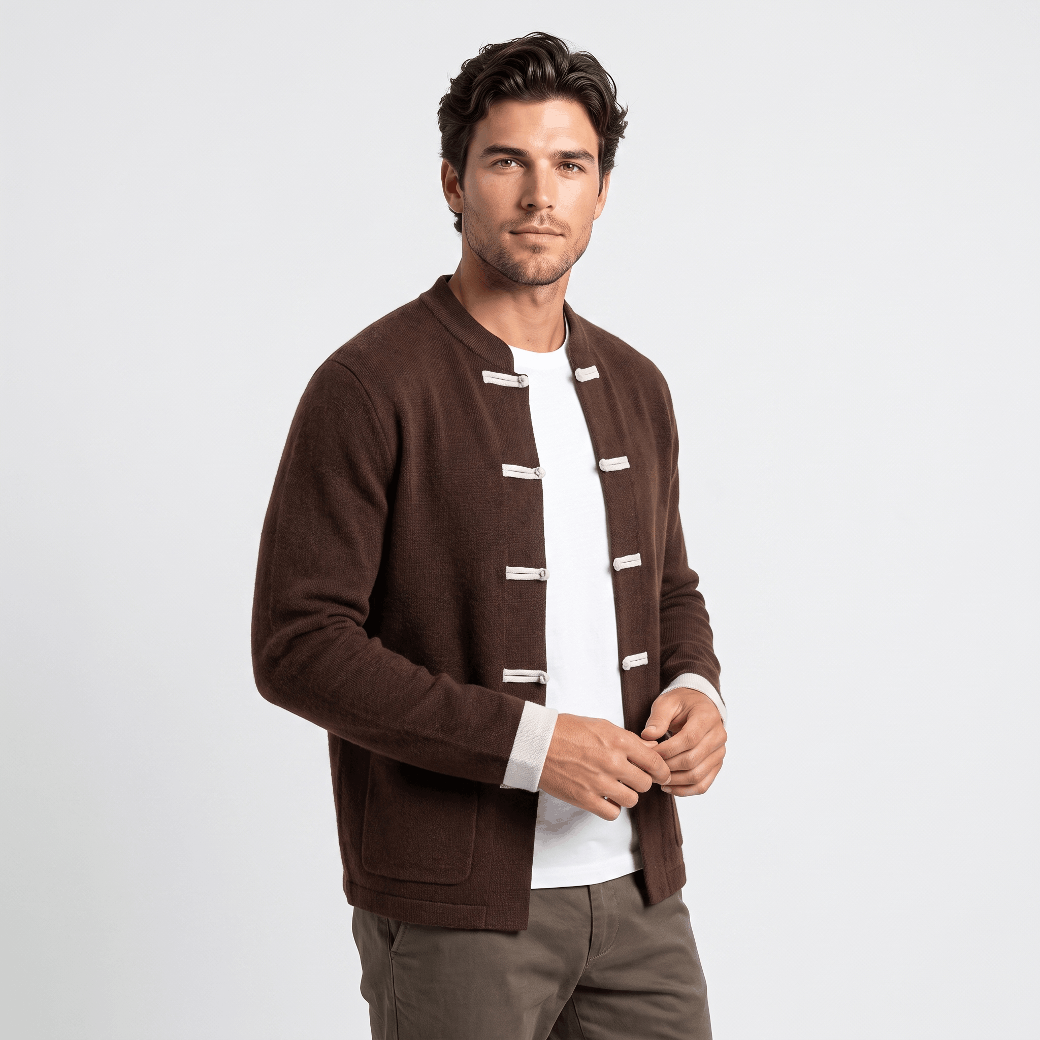 Soren Mandarin Knit Cardigan – Traditional Toggle Front Layer