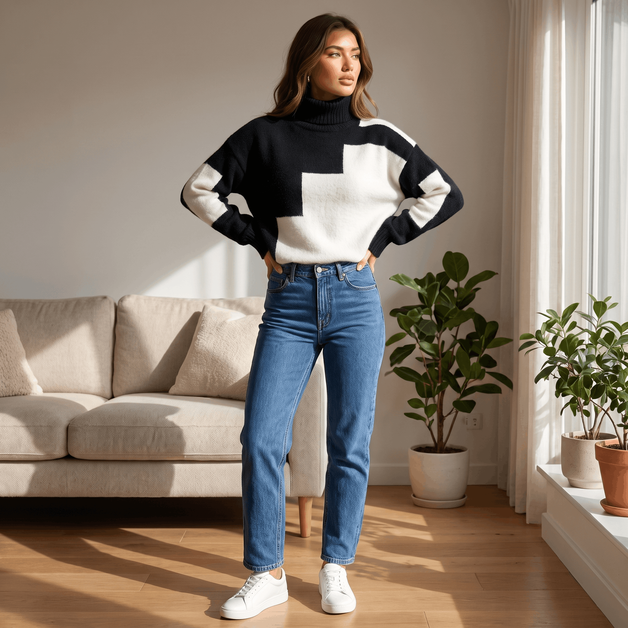 Fiona Geometric Turtleneck Sweater – Heavy Knit Pullover