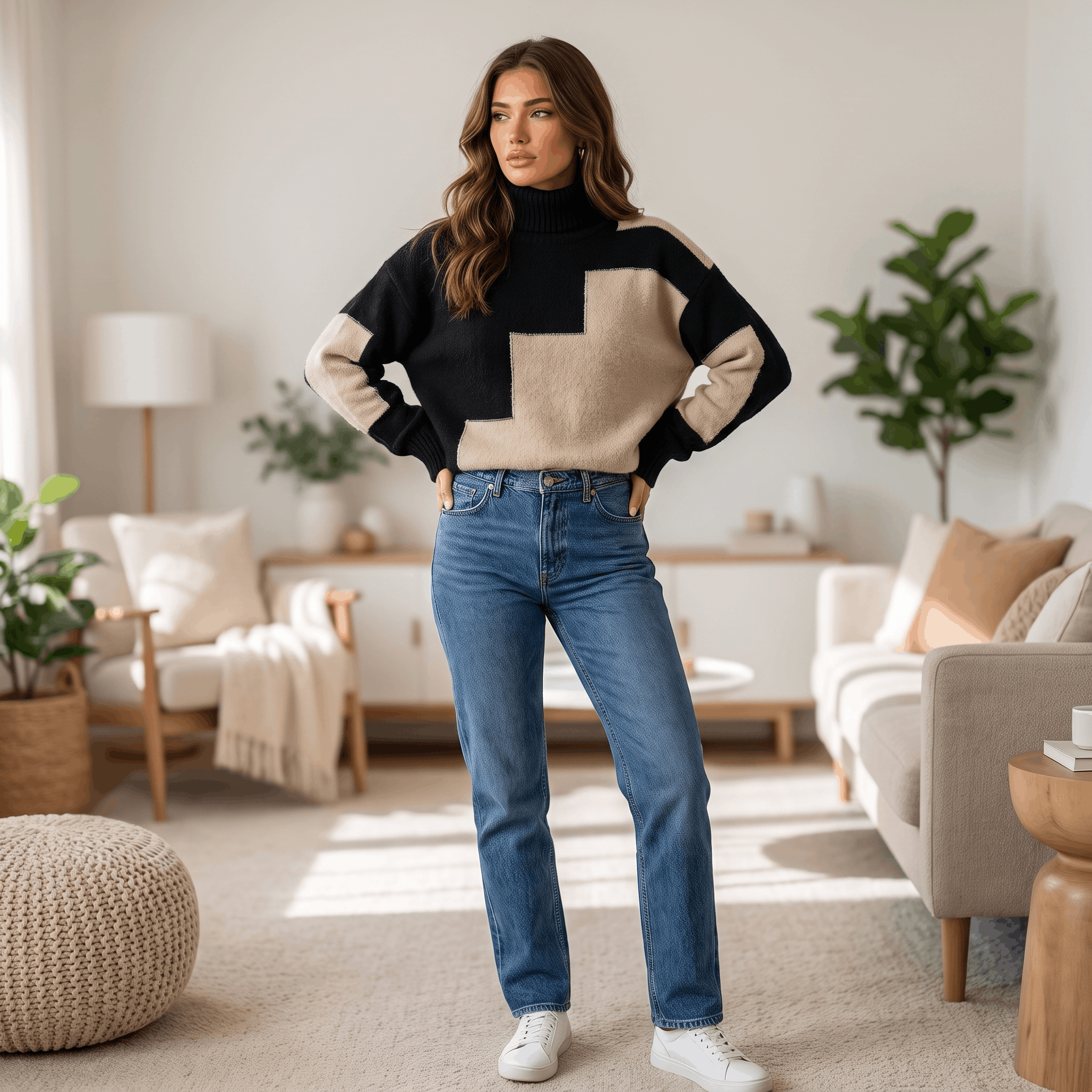 Fiona Geometric Turtleneck Sweater – Heavy Knit Pullover