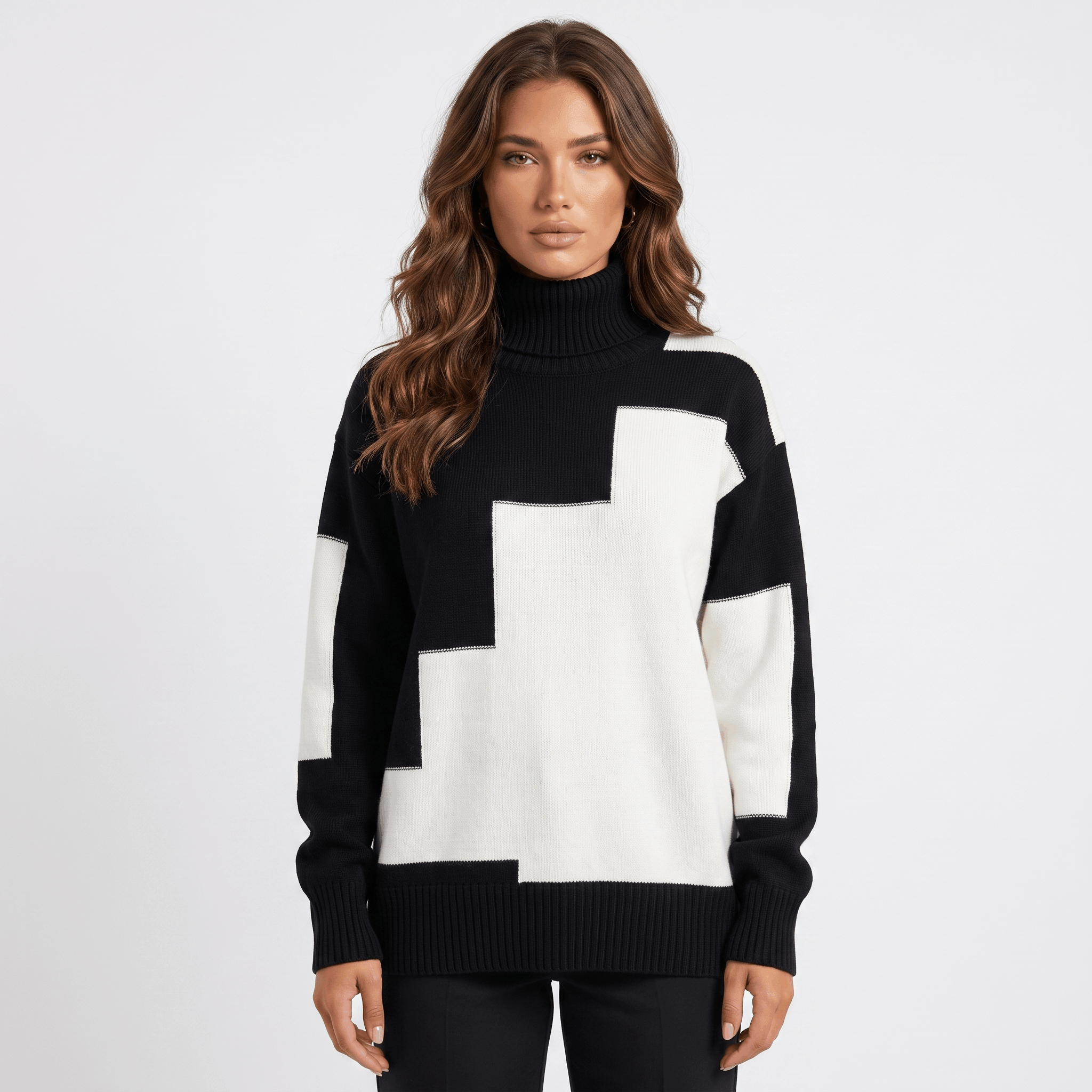 Fiona Geometric Turtleneck Sweater – Heavy Knit Pullover