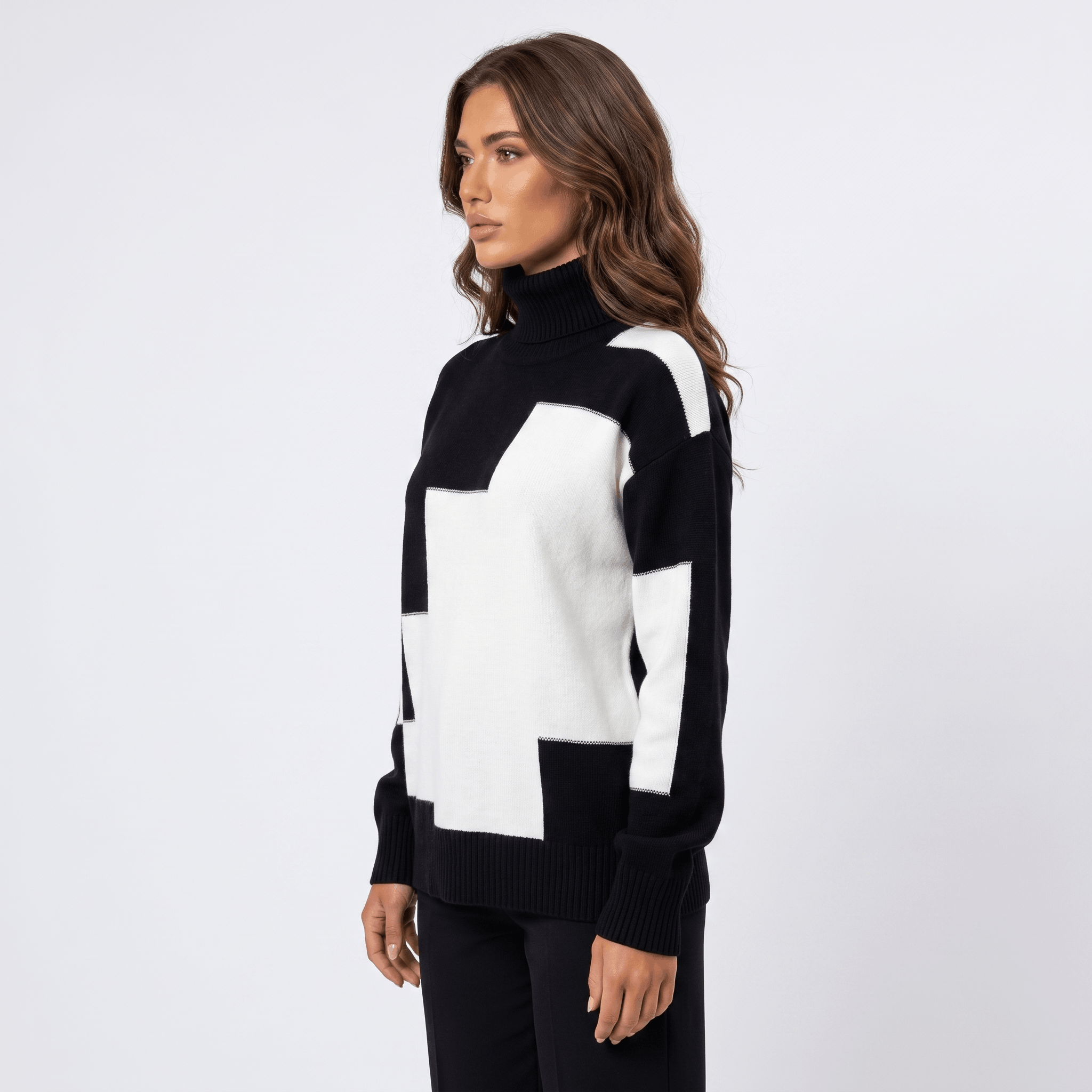 Fiona Geometric Turtleneck Sweater – Heavy Knit Pullover