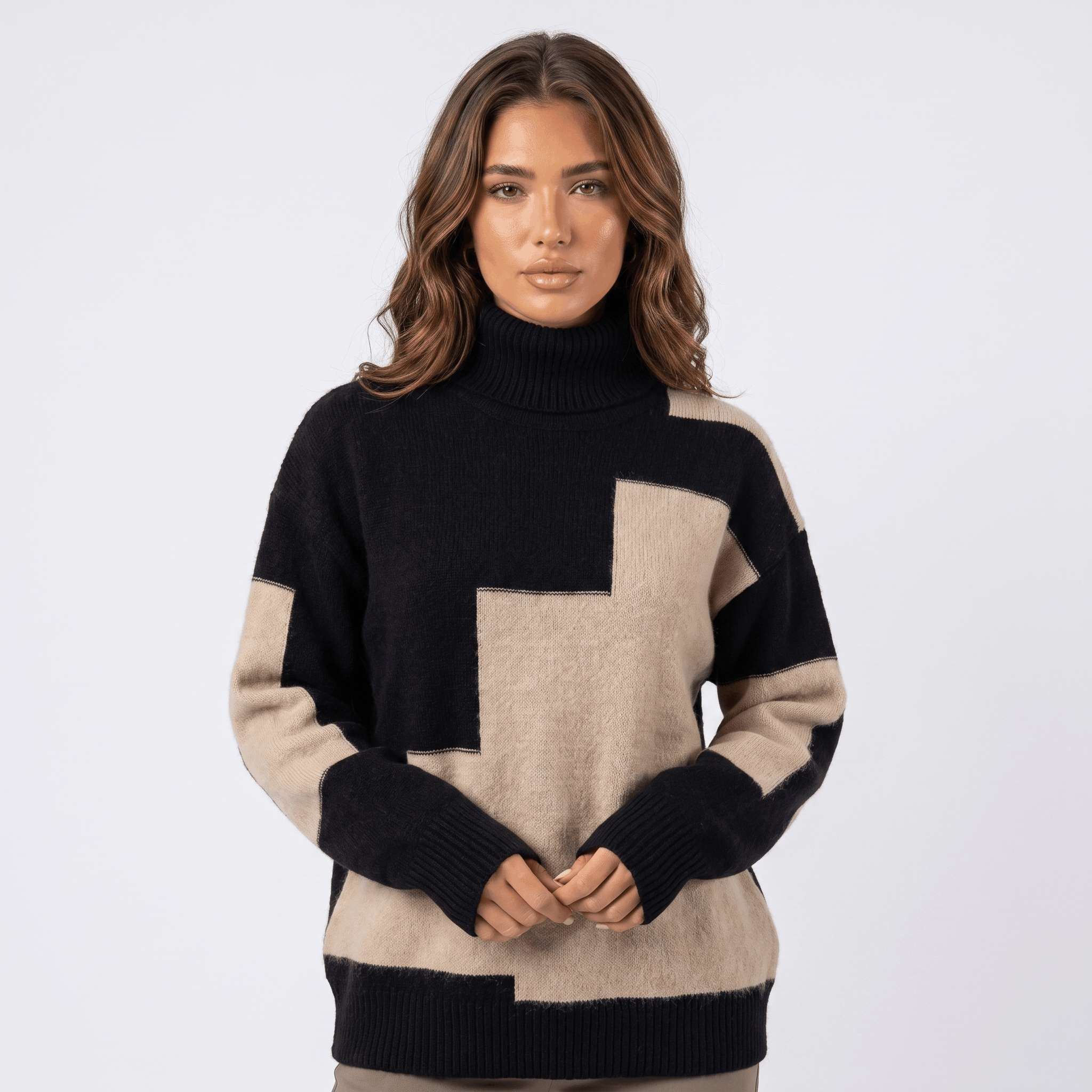 Fiona Geometric Turtleneck Sweater – Heavy Knit Pullover