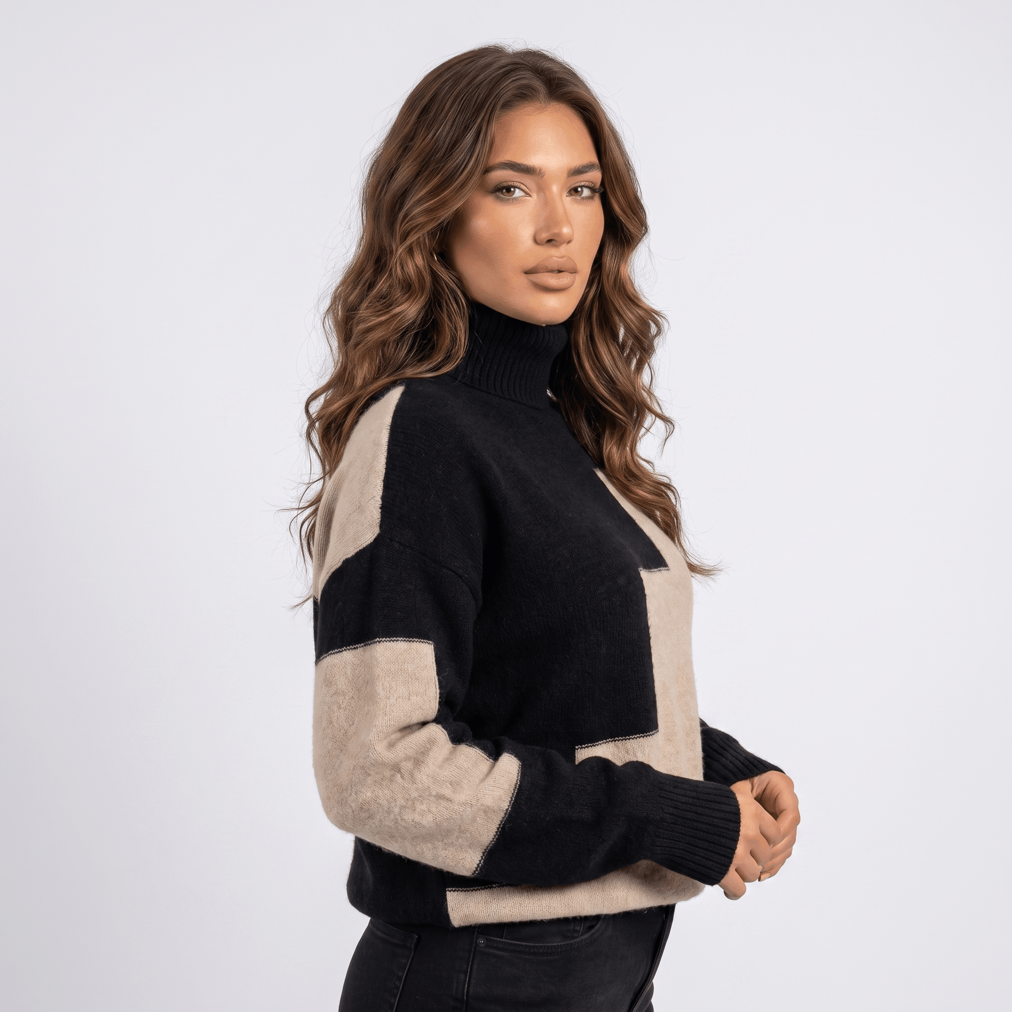 Fiona Geometric Turtleneck Sweater – Heavy Knit Pullover
