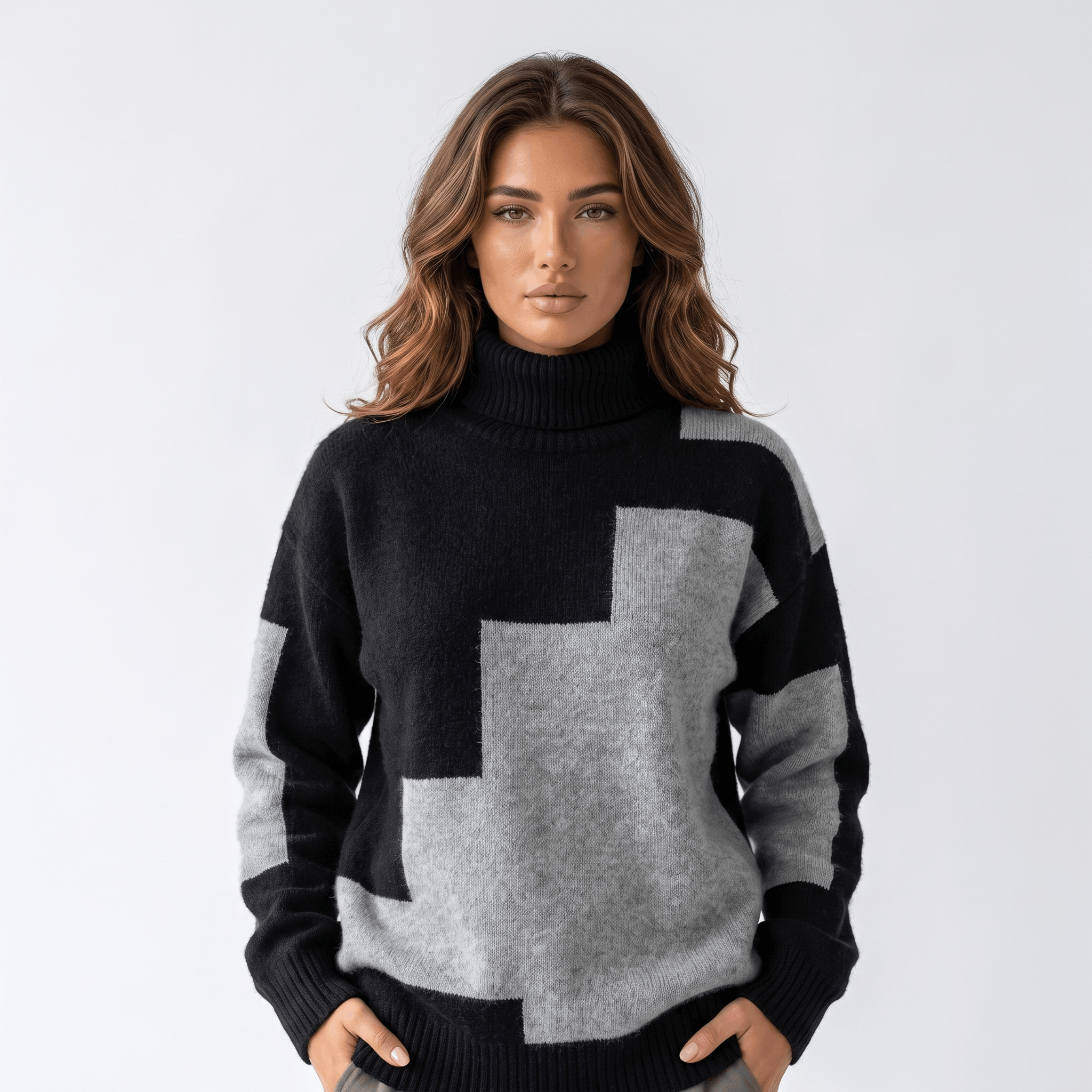Fiona Geometric Turtleneck Sweater – Heavy Knit Pullover