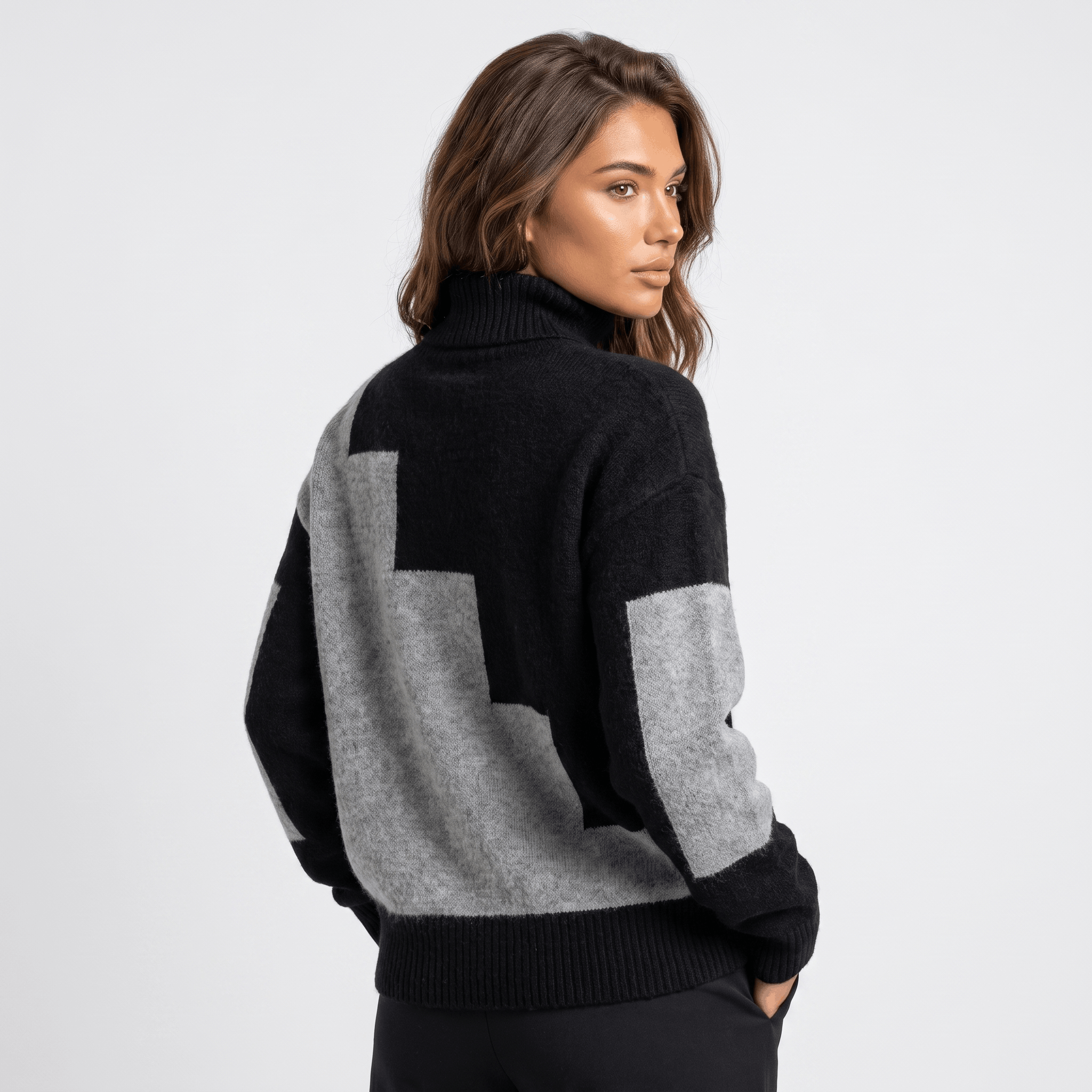 Fiona Geometric Turtleneck Sweater – Heavy Knit Pullover