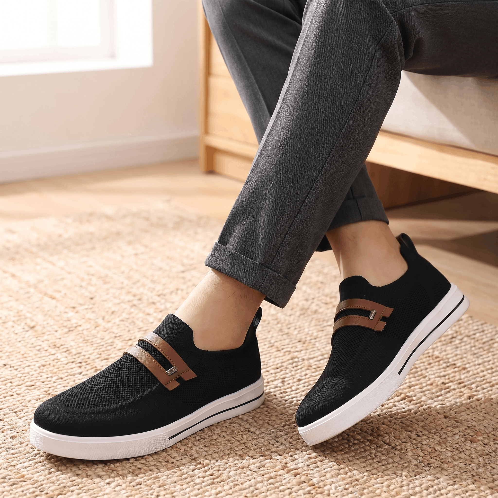 Orson Mesh Slip-On Sneakers – Leather Strap Lightweight Breathable Trainers