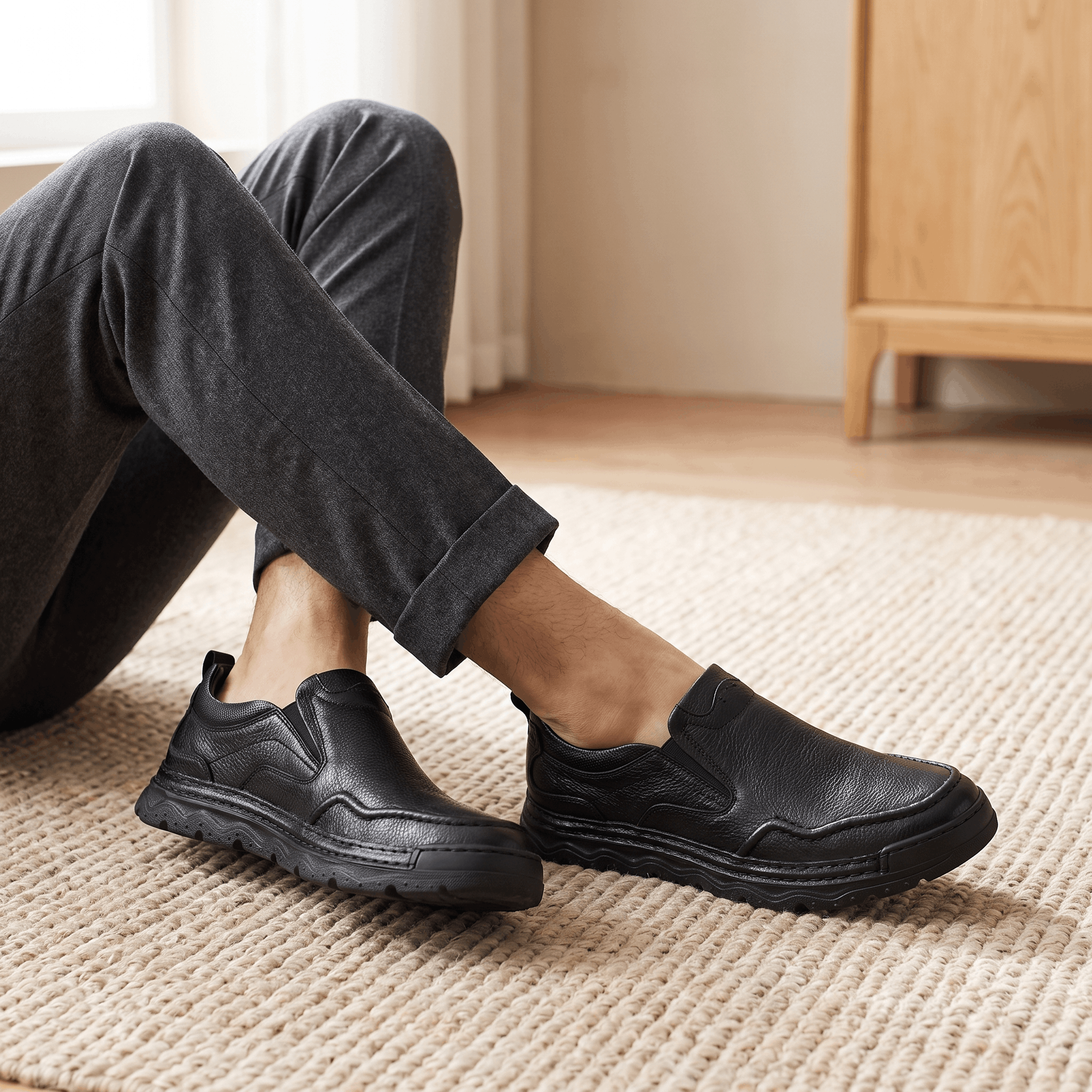 Patrick Genuine Leather Slip-On Shoes – Stitched Contour Rubber-Sole Loafers