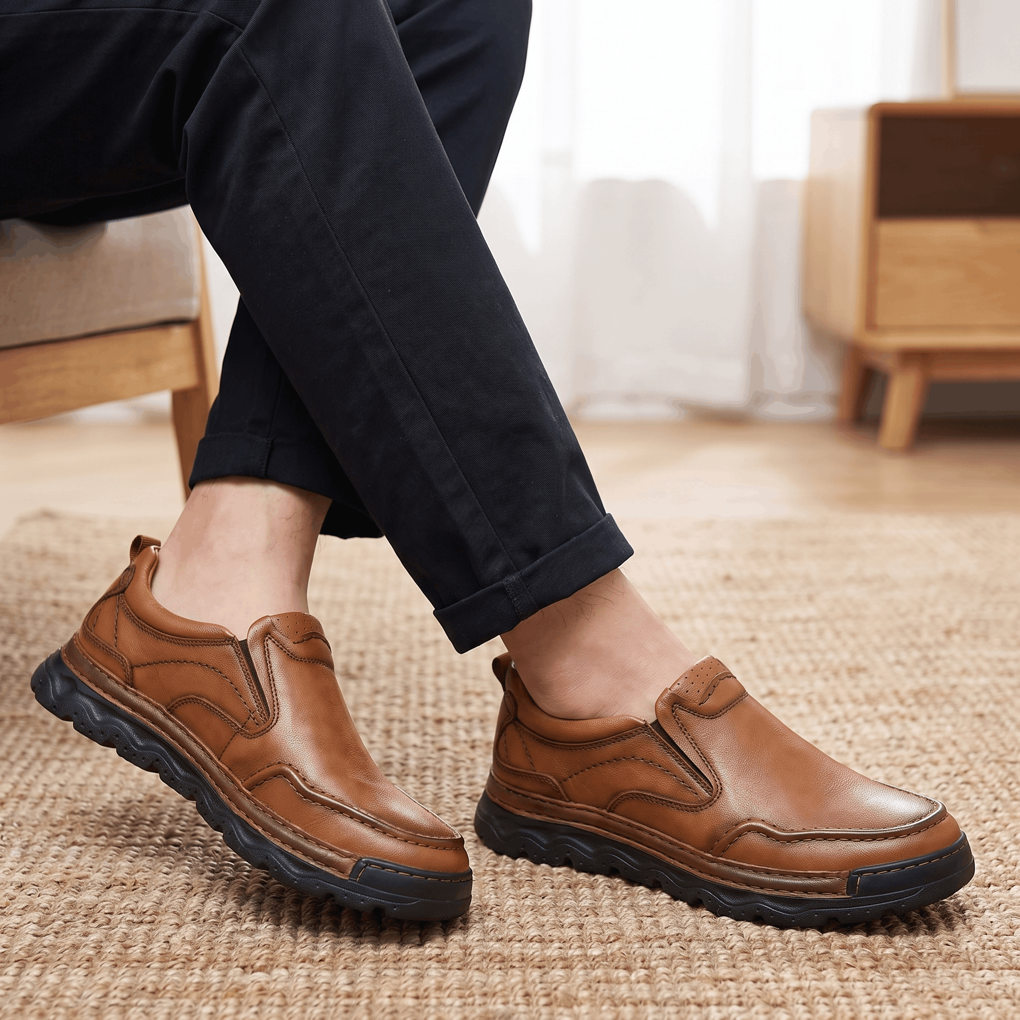 Patrick Genuine Leather Slip-On Shoes – Stitched Contour Rubber-Sole Loafers