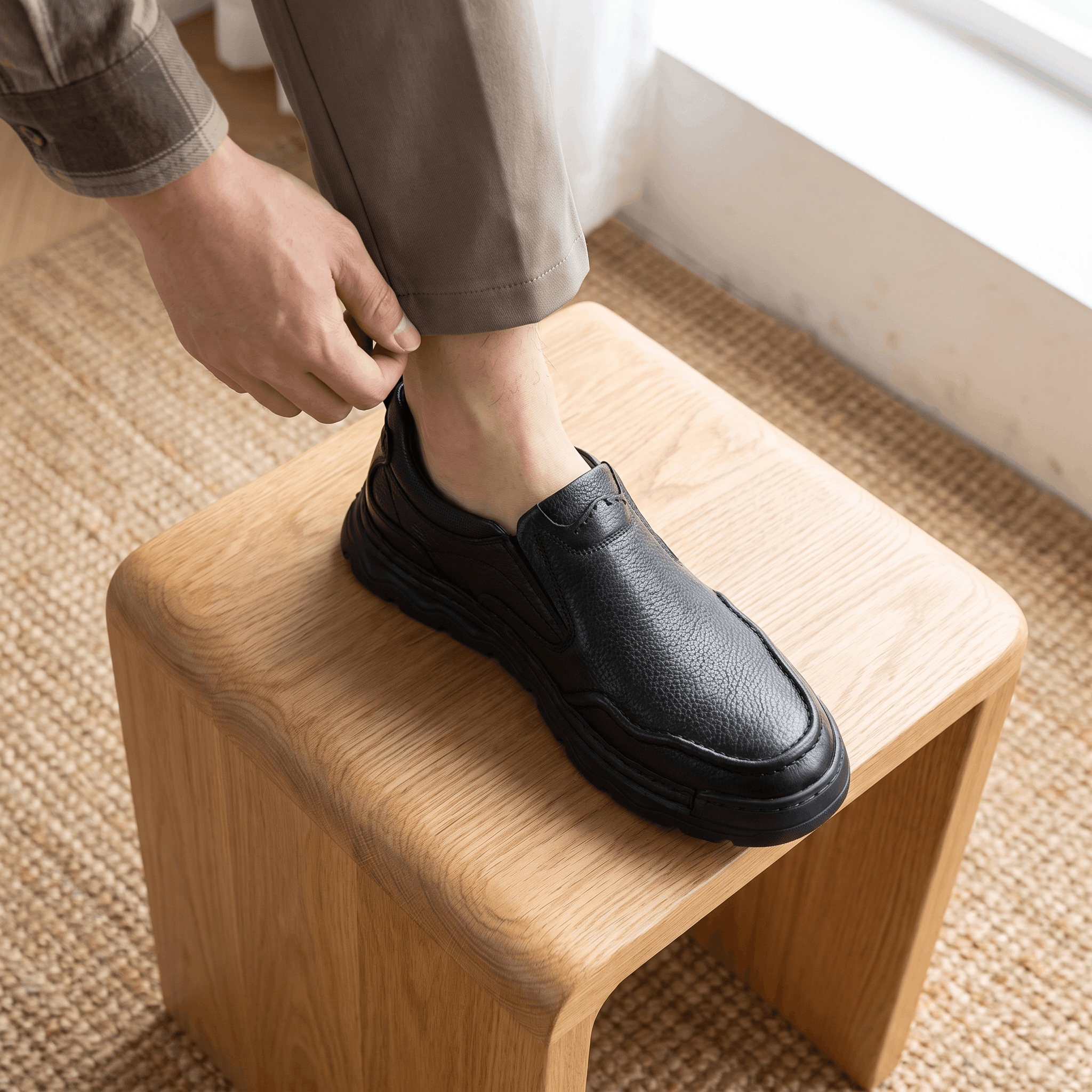 Patrick Genuine Leather Slip-On Shoes – Stitched Contour Rubber-Sole Loafers