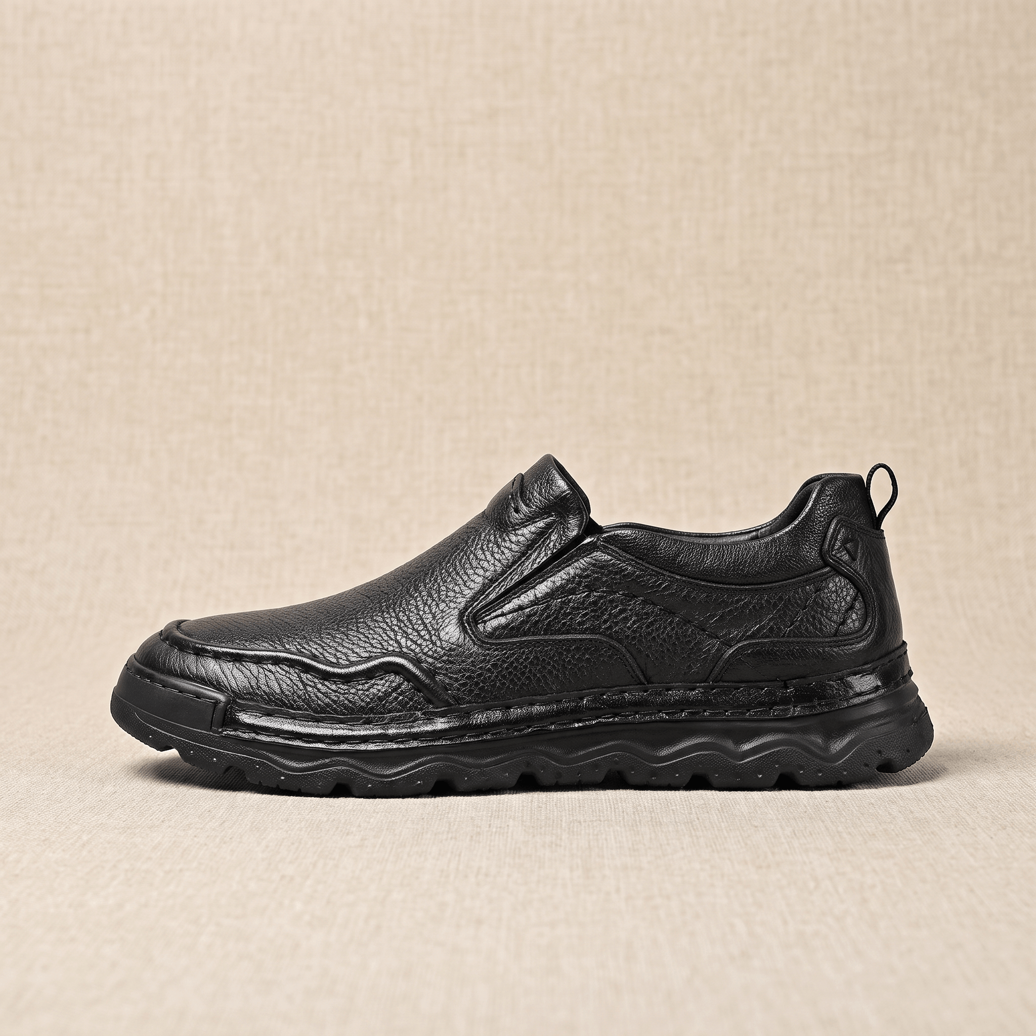 Patrick Genuine Leather Slip-On Shoes – Stitched Contour Rubber-Sole Loafers