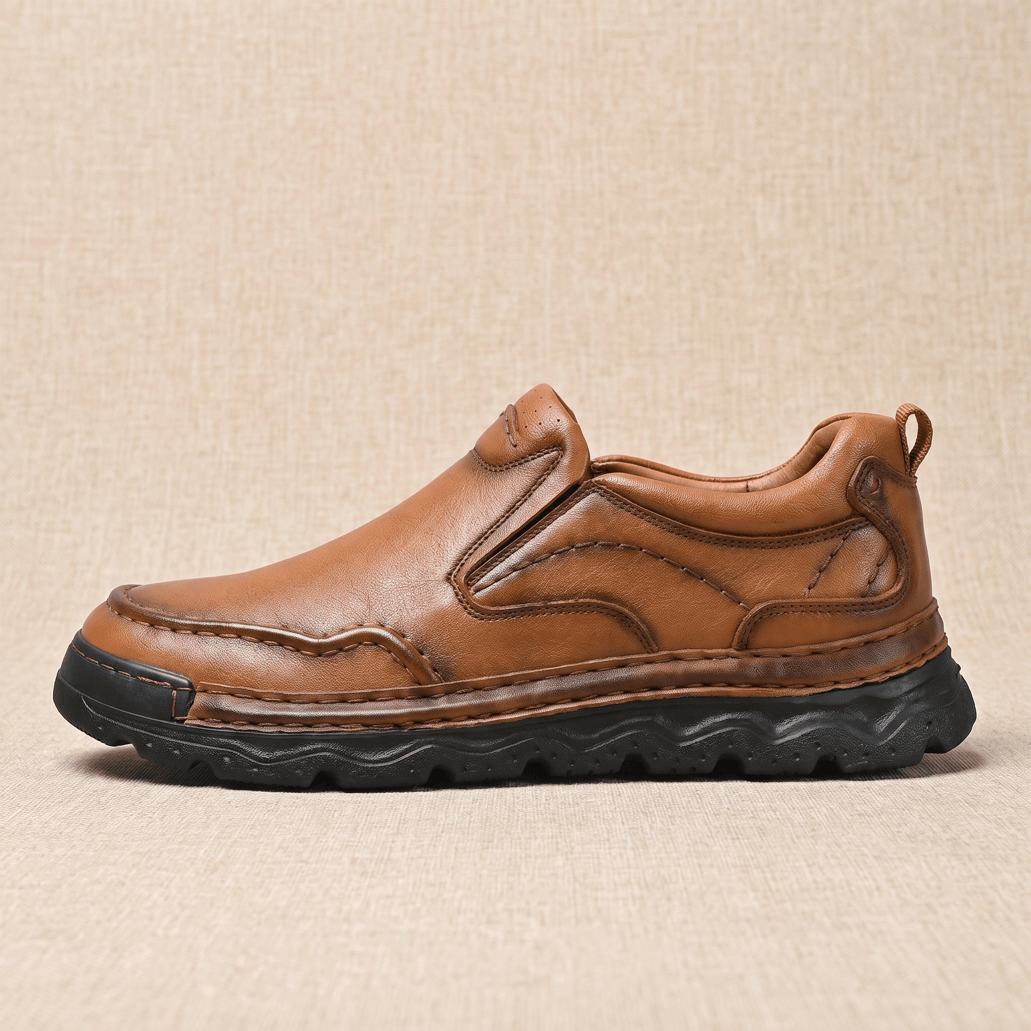 Patrick Genuine Leather Slip-On Shoes – Stitched Contour Rubber-Sole Loafers