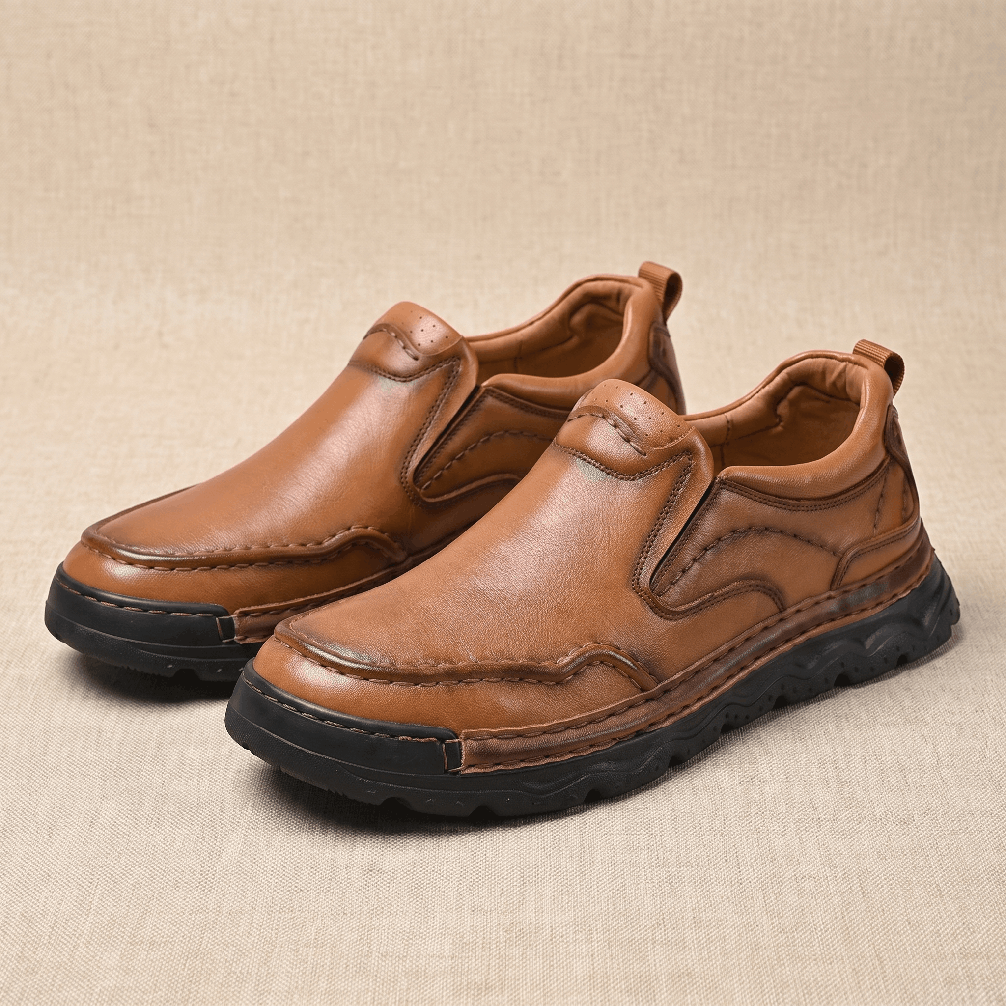 Patrick Genuine Leather Slip-On Shoes – Stitched Contour Rubber-Sole Loafers