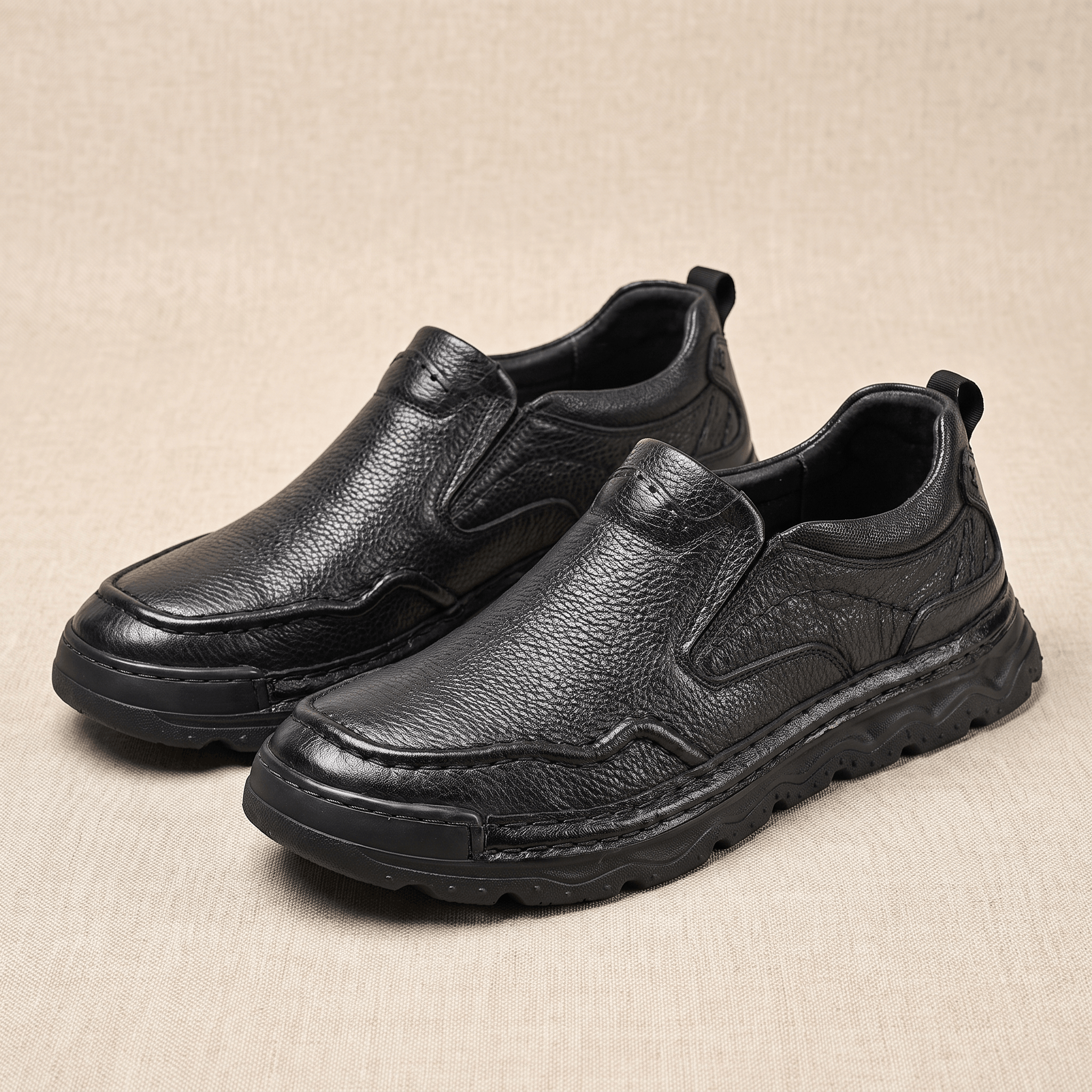 Patrick Genuine Leather Slip-On Shoes – Stitched Contour Rubber-Sole Loafers