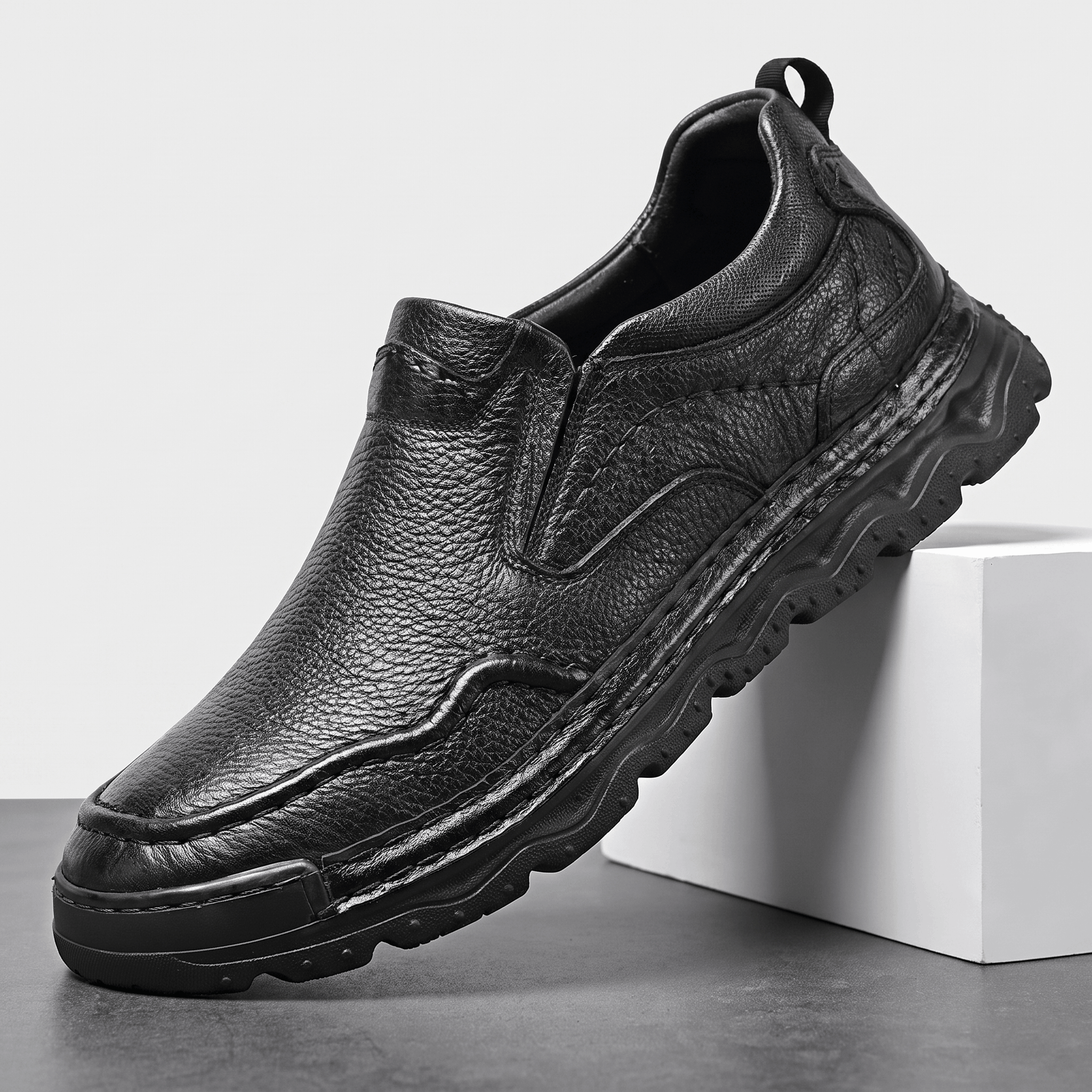 Patrick Genuine Leather Slip-On Shoes – Stitched Contour Rubber-Sole Loafers