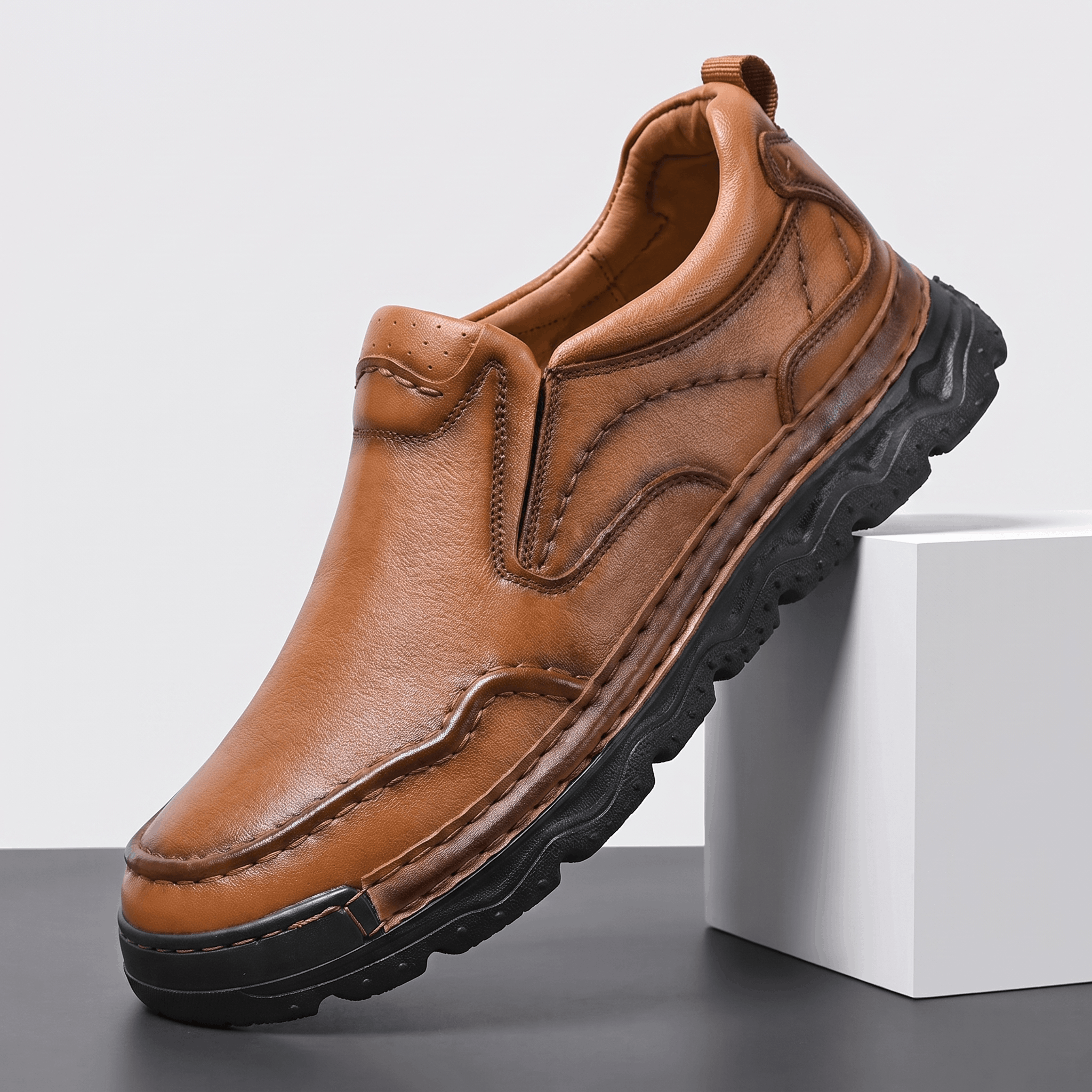 Patrick Genuine Leather Slip-On Shoes – Stitched Contour Rubber-Sole Loafers