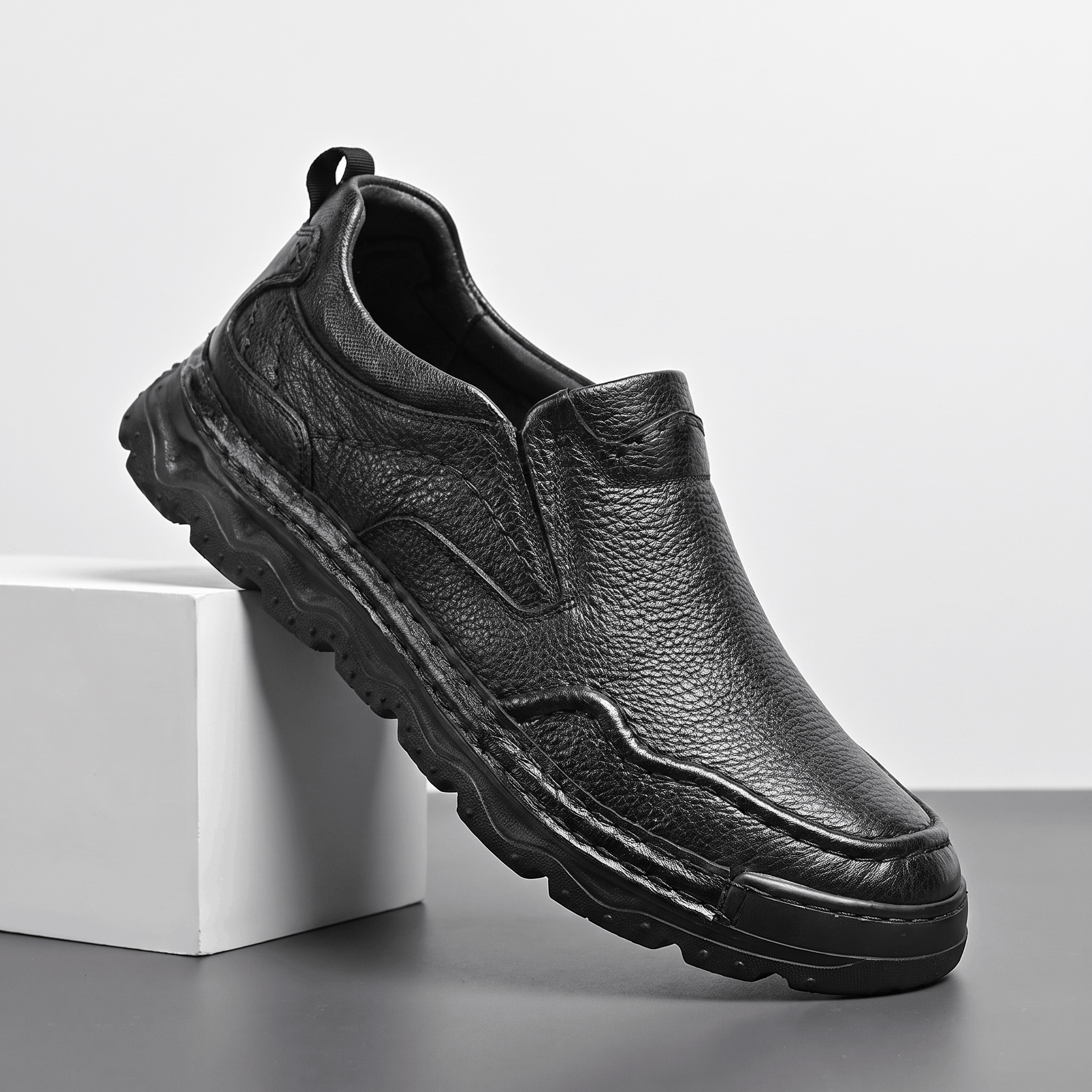 Patrick Genuine Leather Slip-On Shoes – Stitched Contour Rubber-Sole Loafers