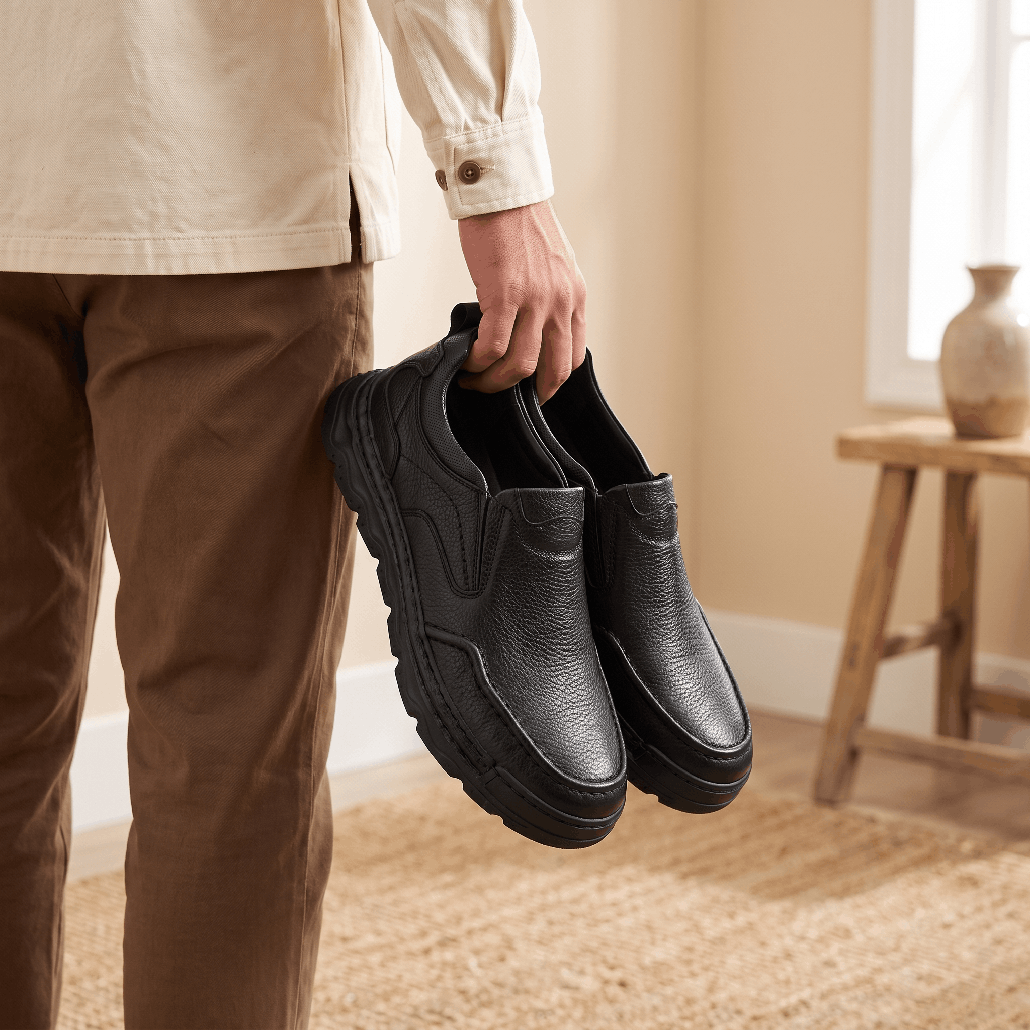 Patrick Genuine Leather Slip-On Shoes – Stitched Contour Rubber-Sole Loafers
