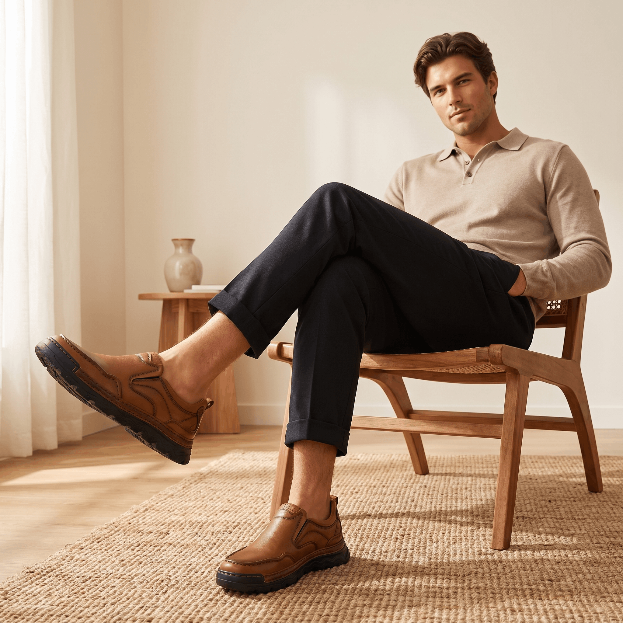 Patrick Genuine Leather Slip-On Shoes – Stitched Contour Rubber-Sole Loafers