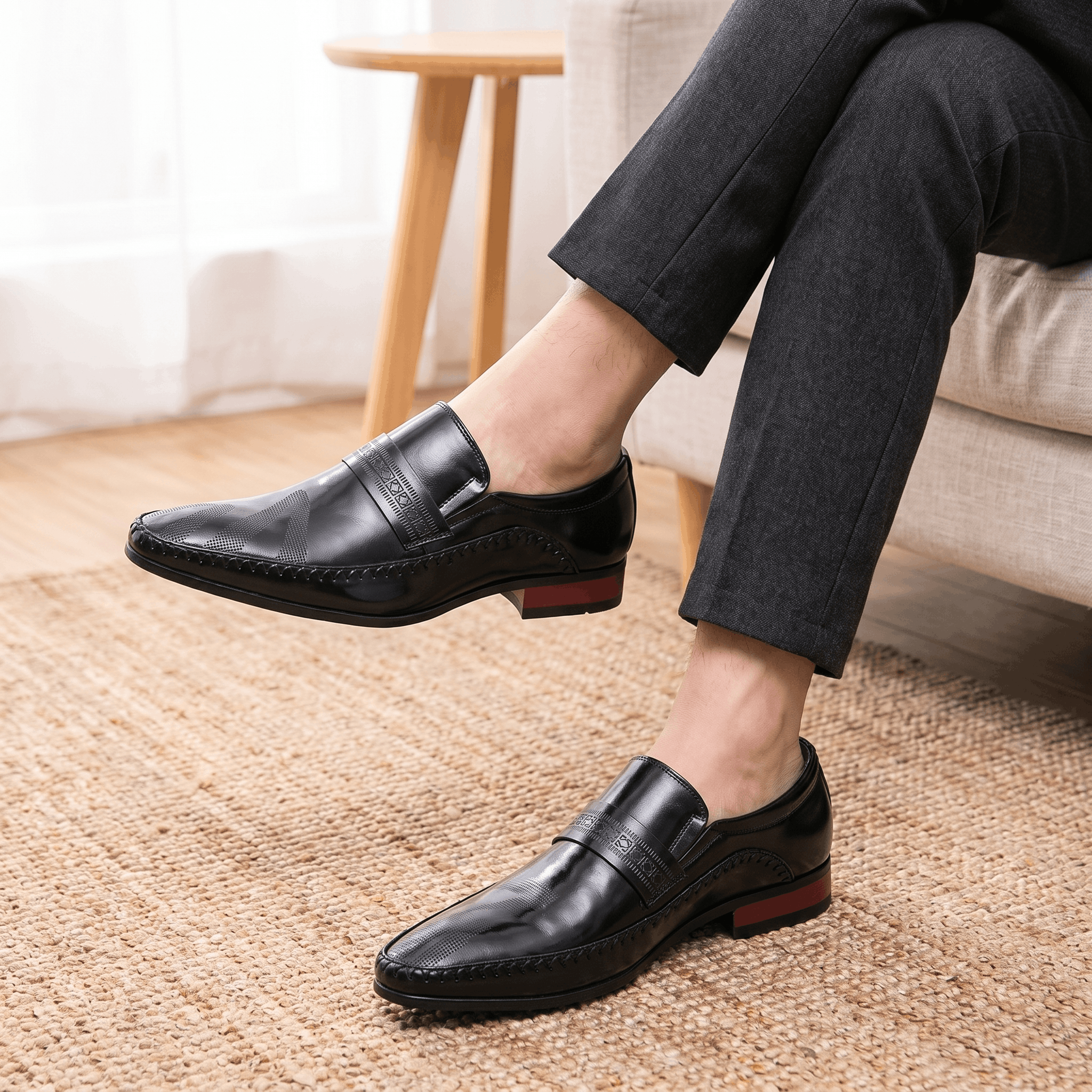 Ignazio Leather Loafers – Etched Band Slip-On Shoes