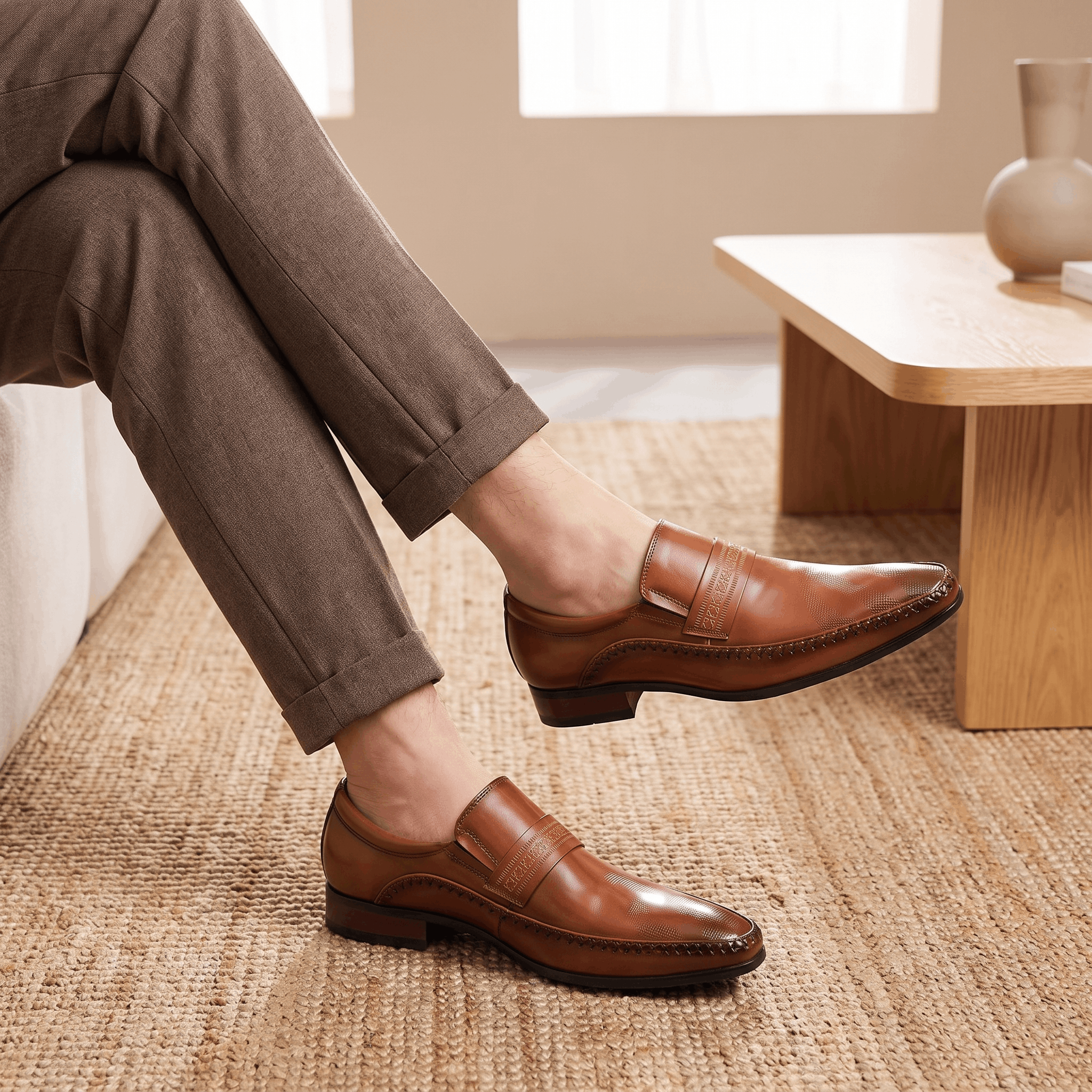 Ignazio Leather Loafers – Etched Band Slip-On Shoes