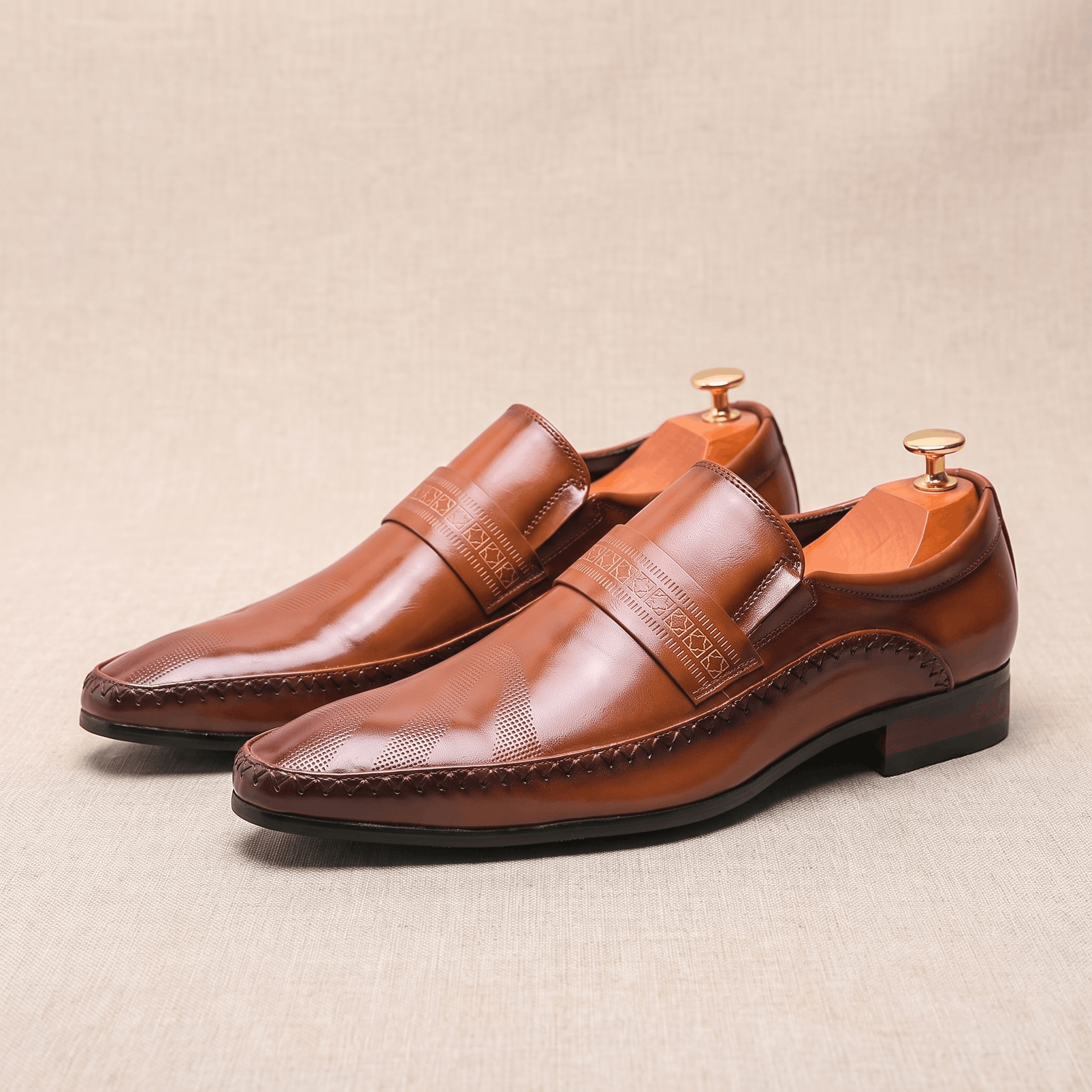 Ignazio Leather Loafers – Etched Band Slip-On Shoes
