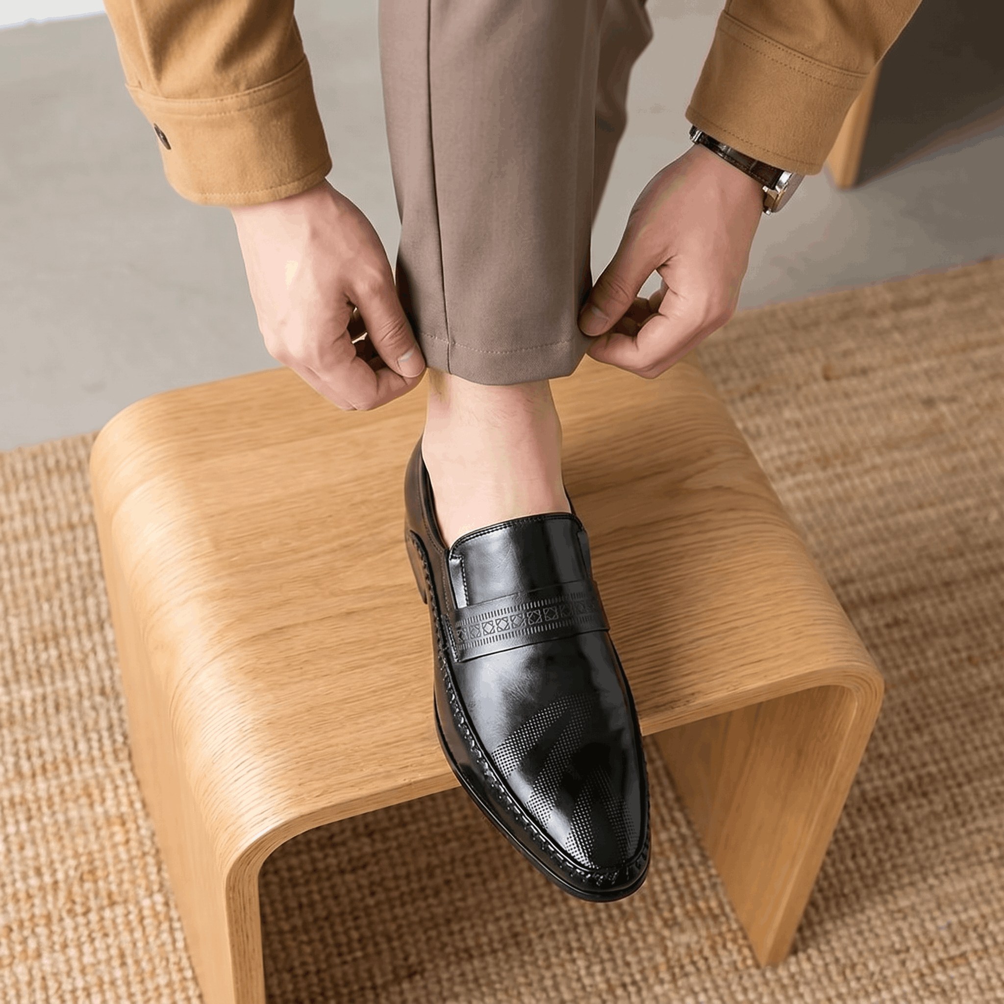 Ignazio Leather Loafers – Etched Band Slip-On Shoes