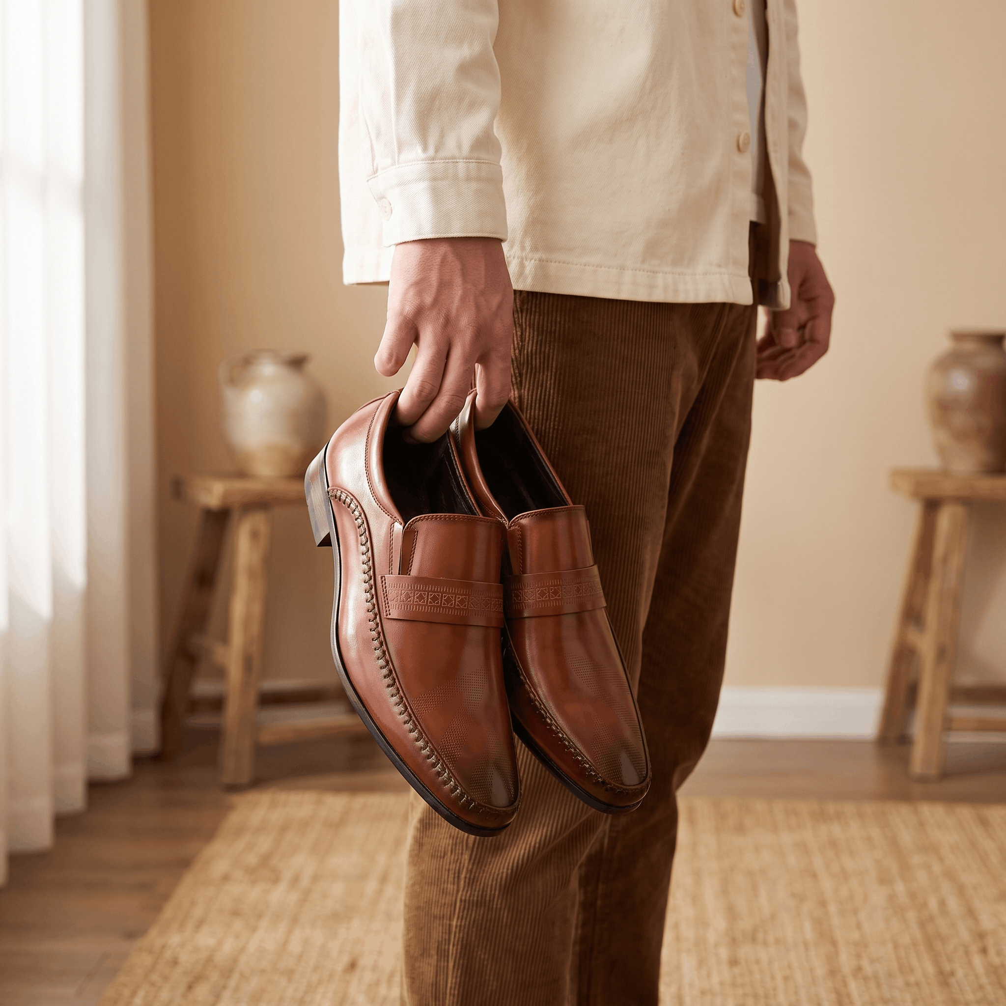 Ignazio Leather Loafers – Etched Band Slip-On Shoes