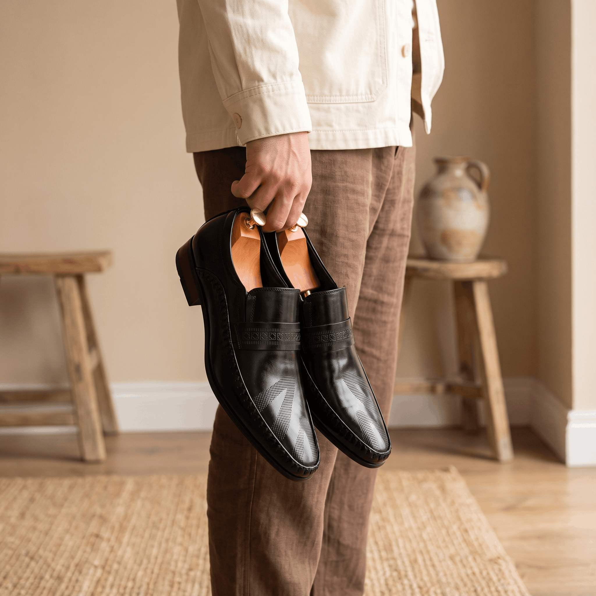 Ignazio Leather Loafers – Etched Band Slip-On Shoes