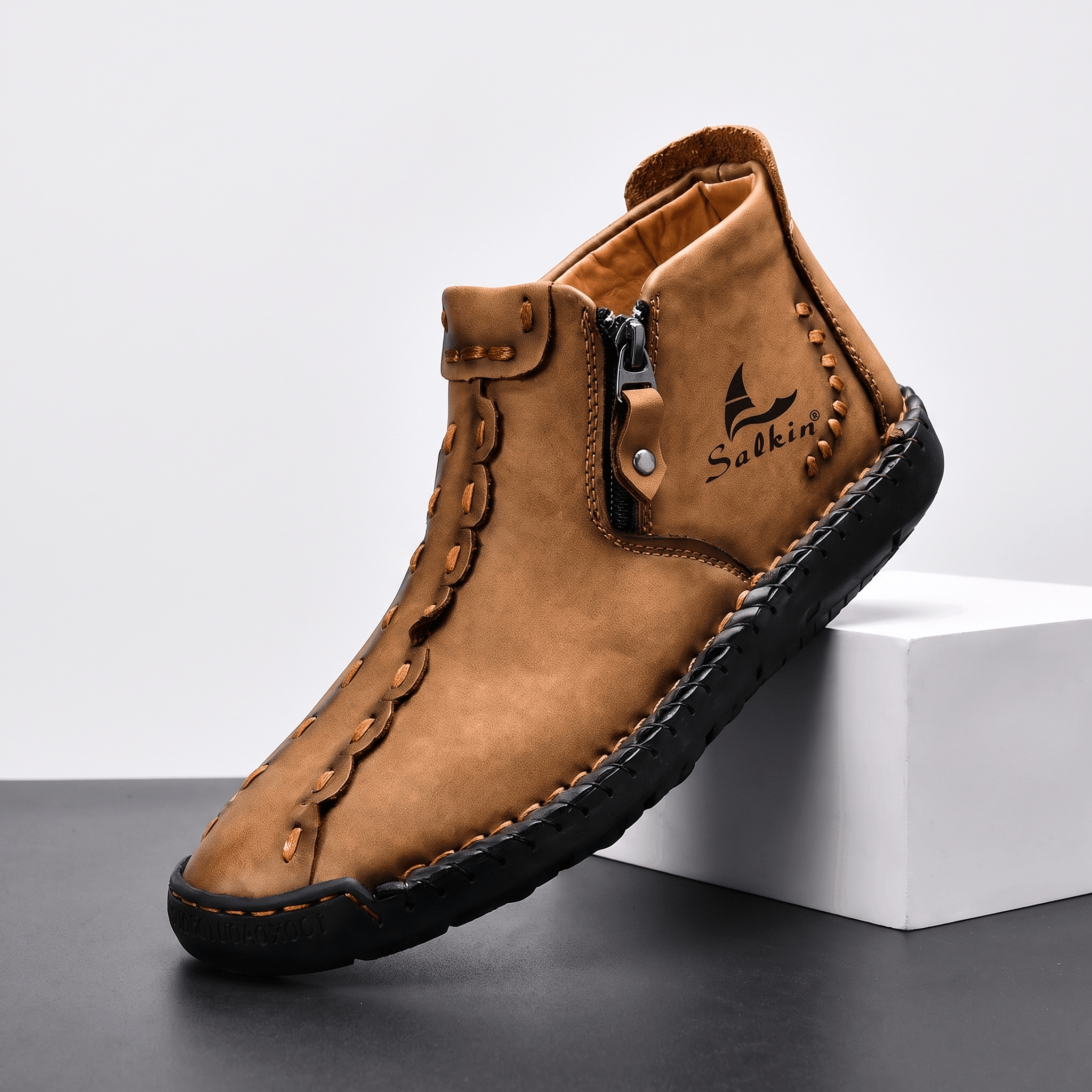 Vittorio Leather High-Top Shoes – Hand-Stitched Zip Ankle Footwear