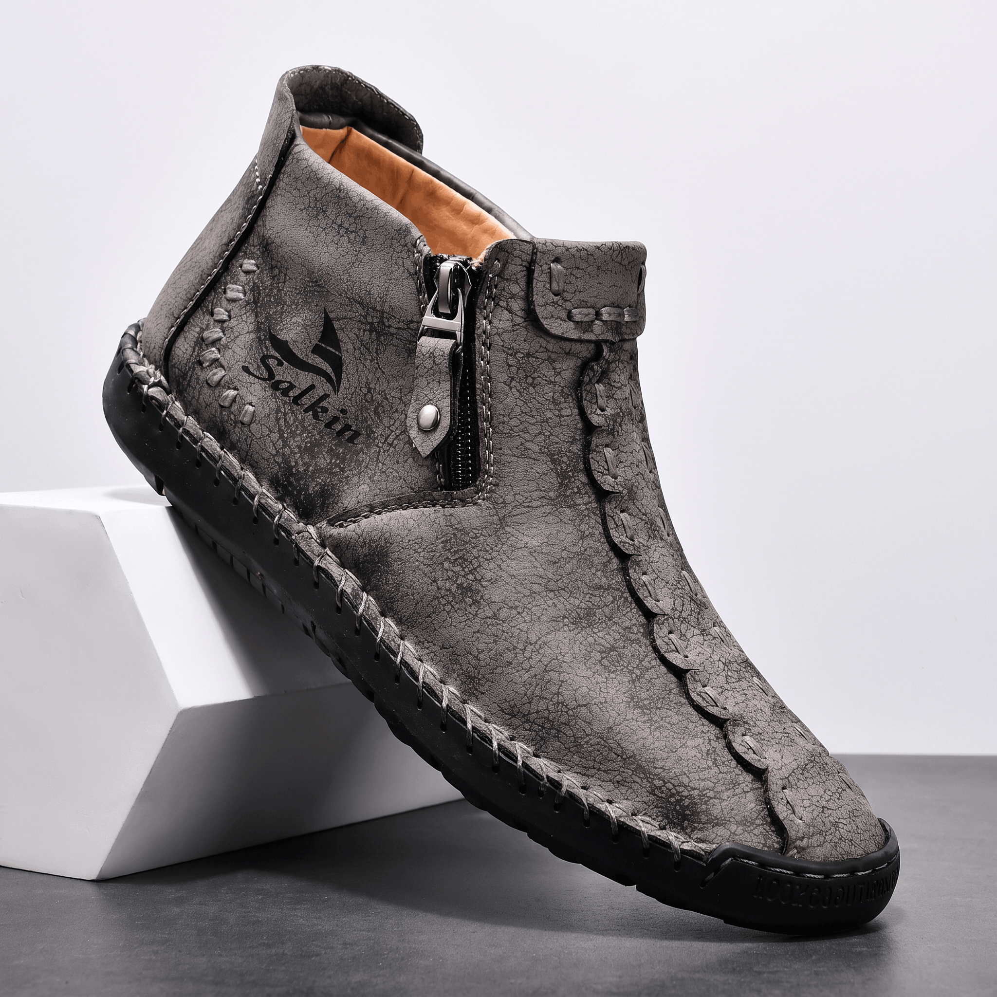 Vittorio Leather High-Top Shoes – Hand-Stitched Zip Ankle Footwear