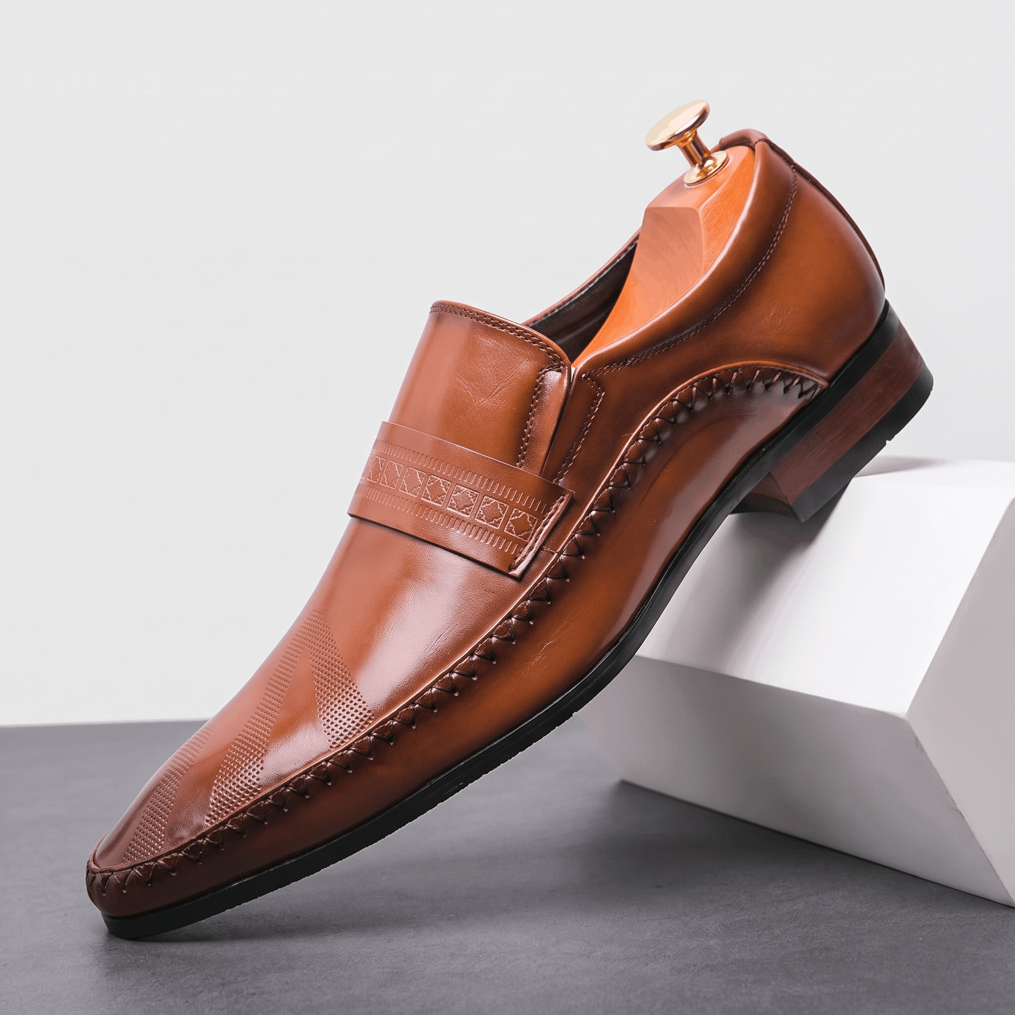 Ignazio Leather Loafers – Etched Band Slip-On Shoes