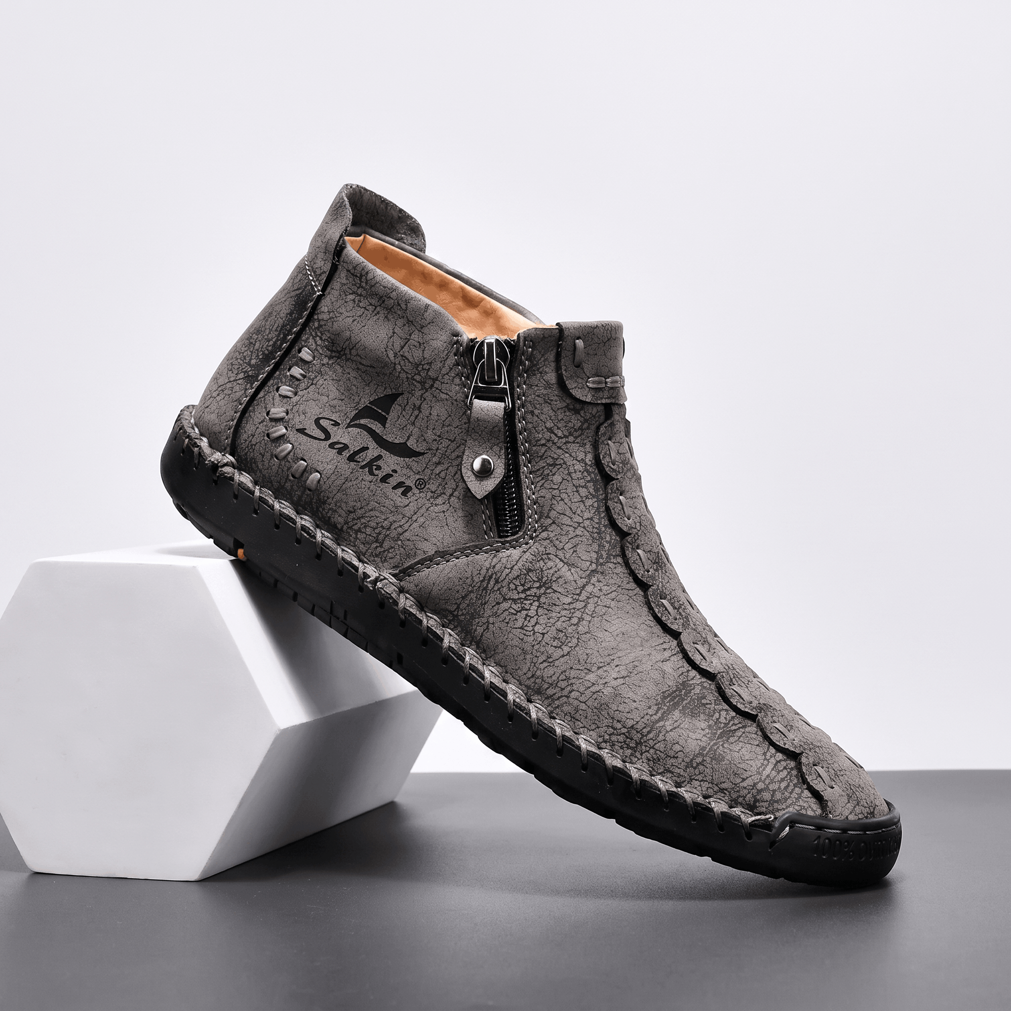 Vittorio Leather High-Top Shoes – Hand-Stitched Zip Ankle Footwear