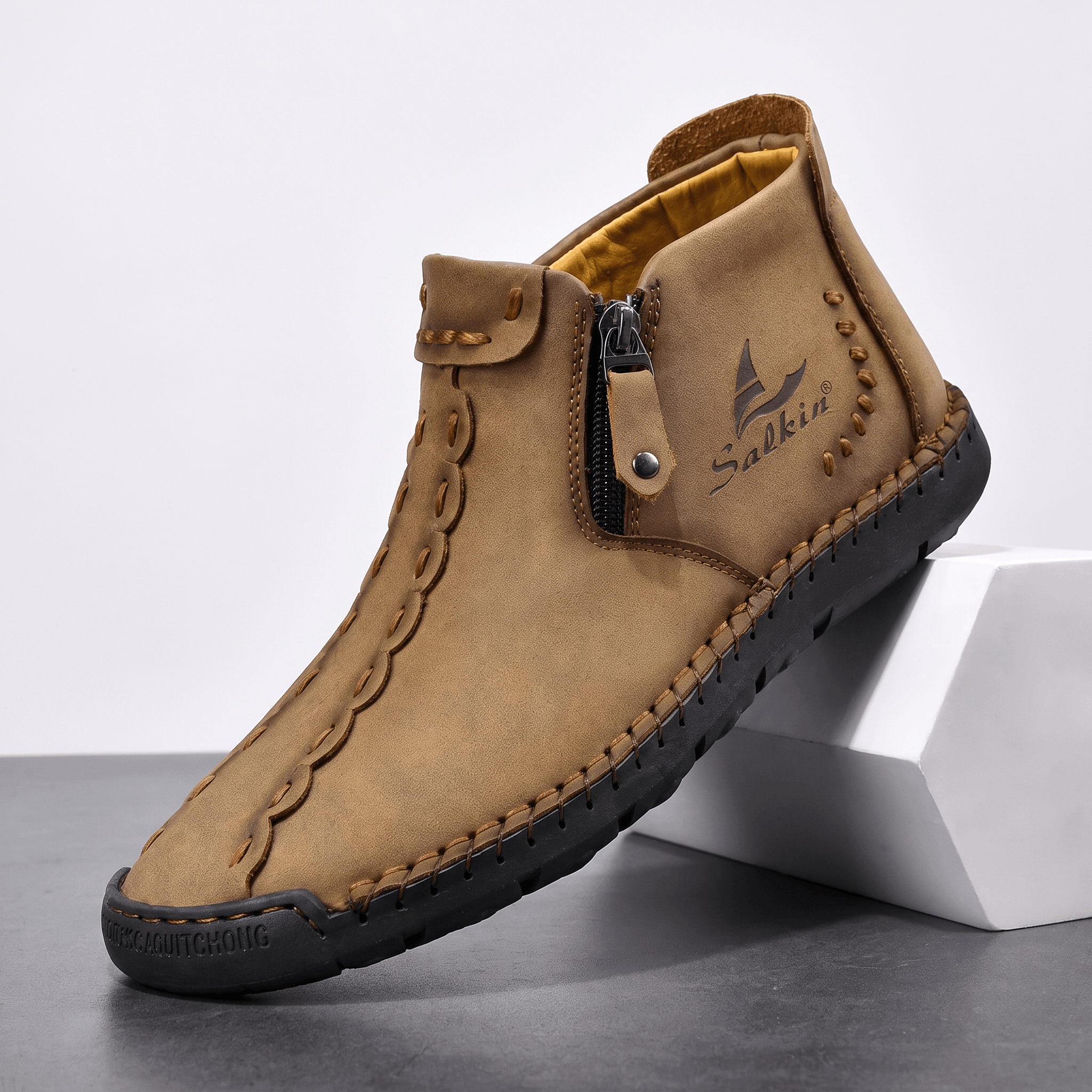 Vittorio Leather High-Top Shoes – Hand-Stitched Zip Ankle Footwear