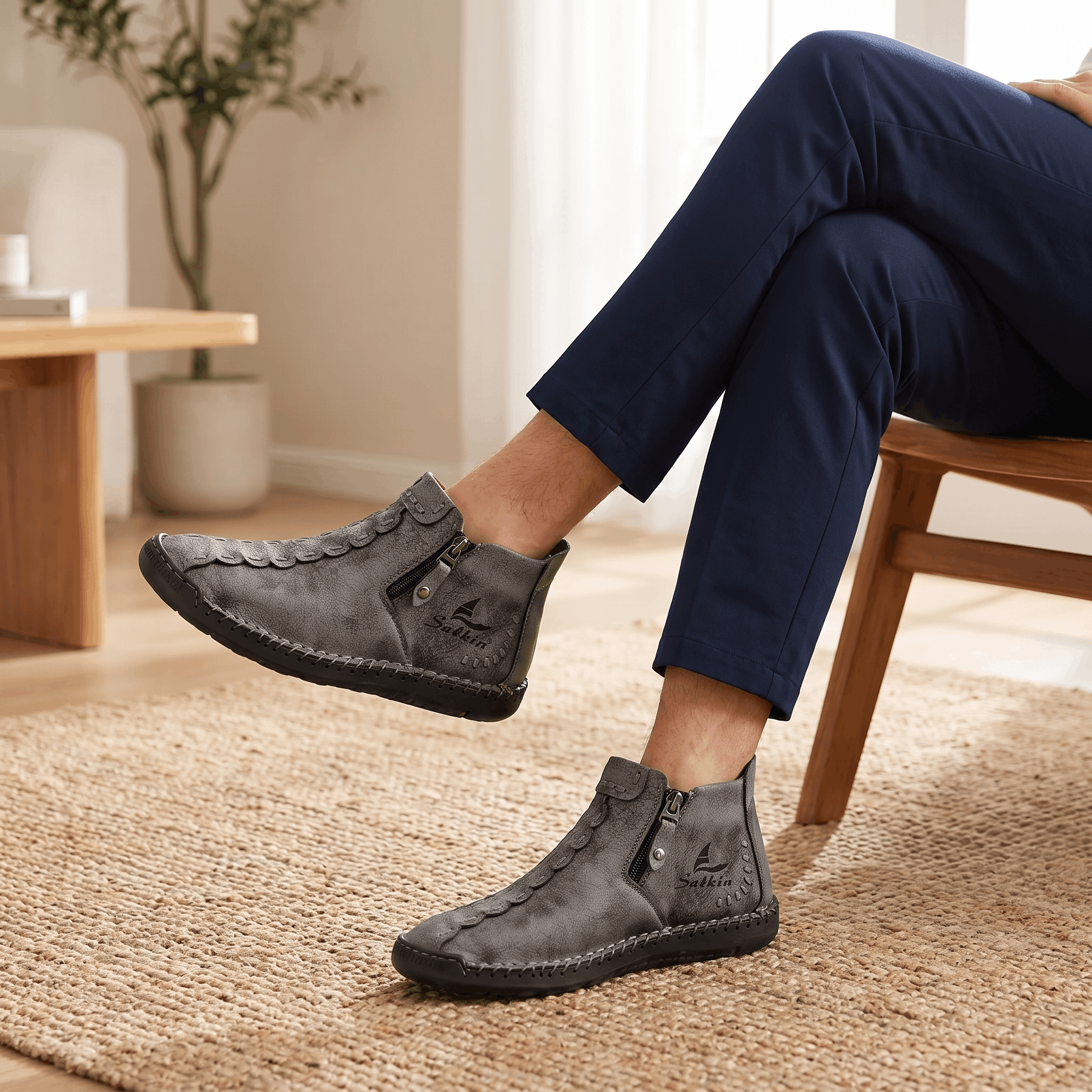 Vittorio Leather High-Top Shoes – Hand-Stitched Zip Ankle Footwear